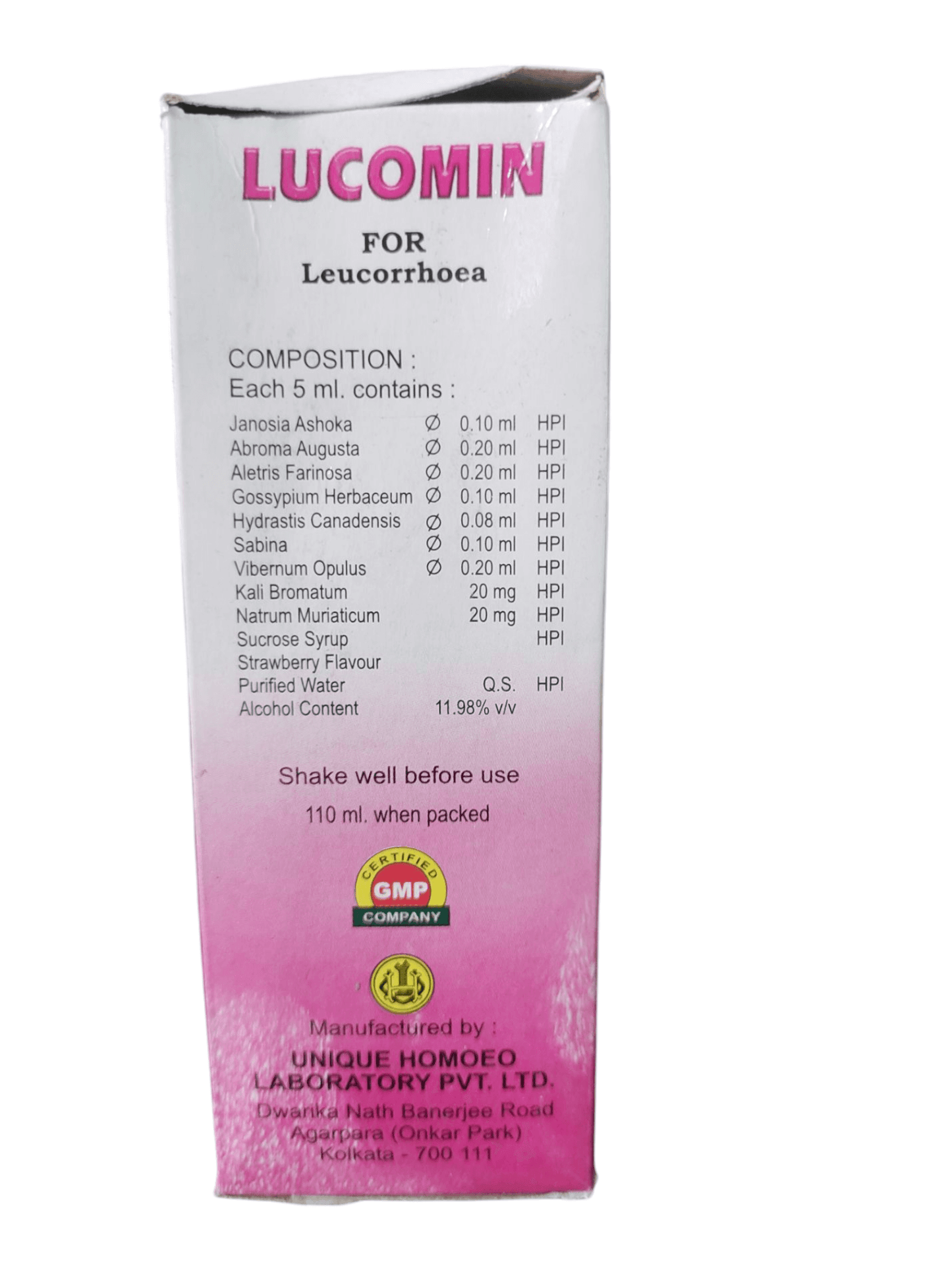Packaging of Lucomin for Leucorrhoea with pink and white design.