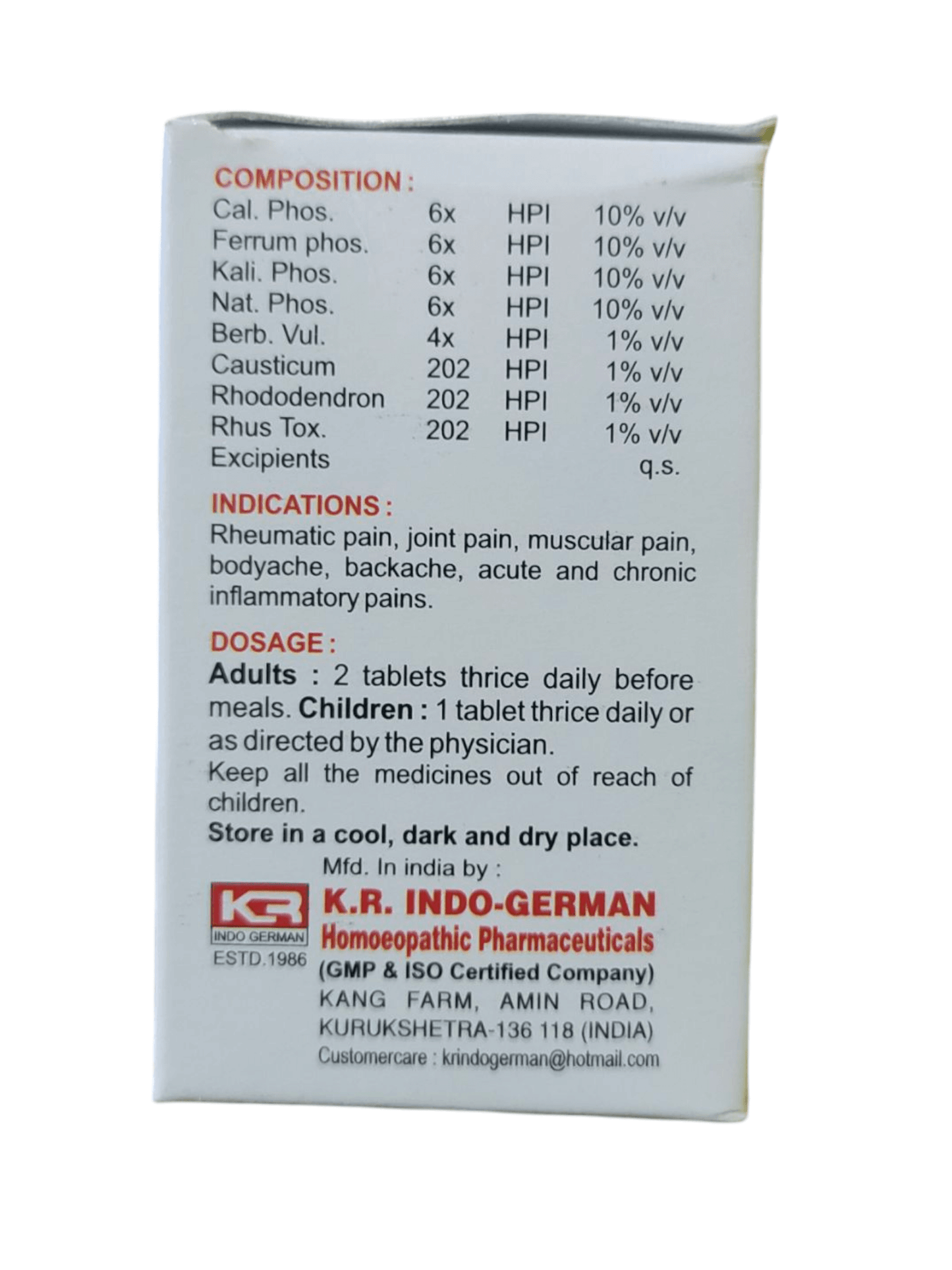 Box of K.R. Indo-German pharmaceuticals with medical information on a white background