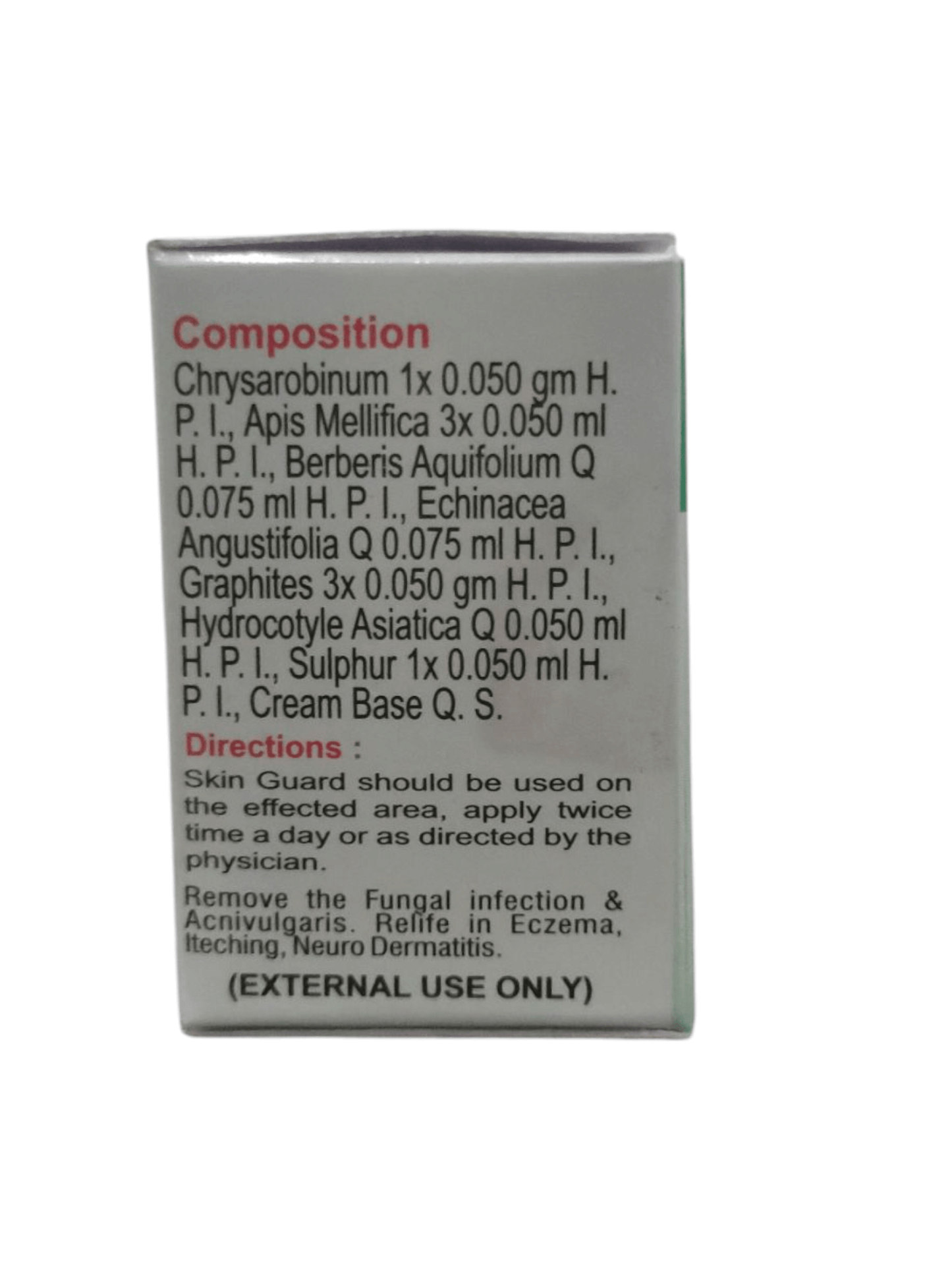 Ingredients list and directions for Super Skin Guard for Dermoderm Cream, herbal topical formulation for skin healing.