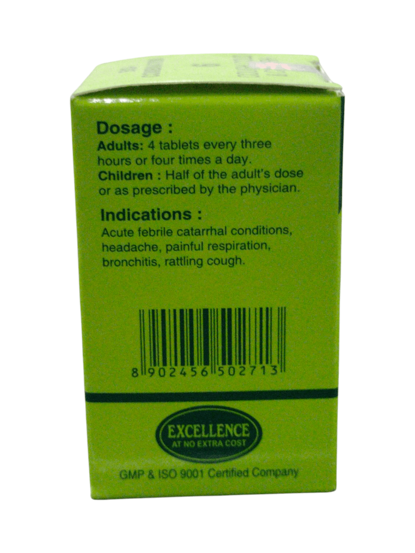 Side view of SBL Bio-Combination 6 packaging showing dosage information and indications for cough and cold treatment.
