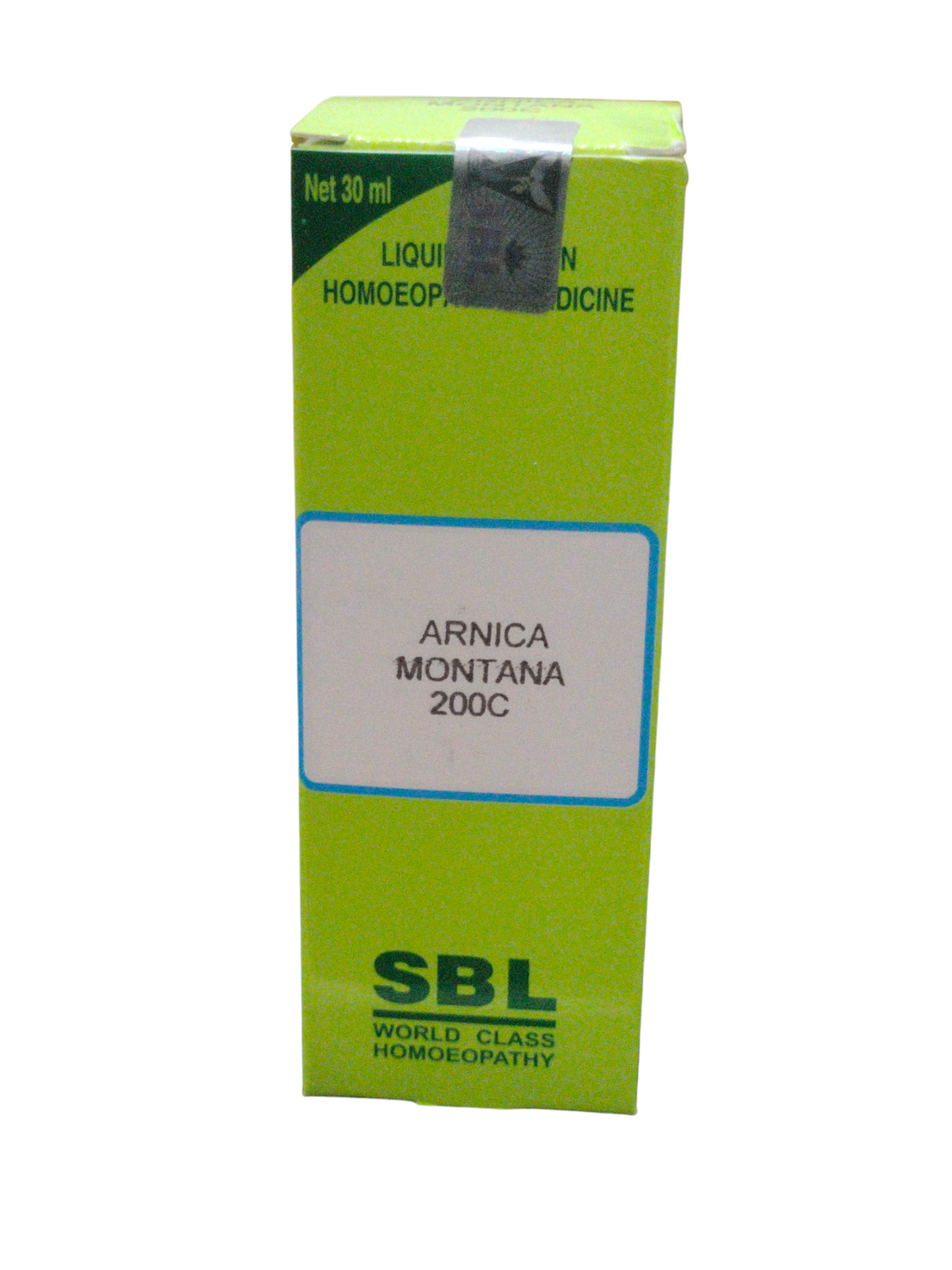 SBL Arnica Montana 200C homeopathic medicine 30ml packaging for muscle pain and injury relief.