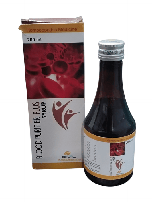 Bottle and packaging of Blood Purifier Plus syrup on a white background