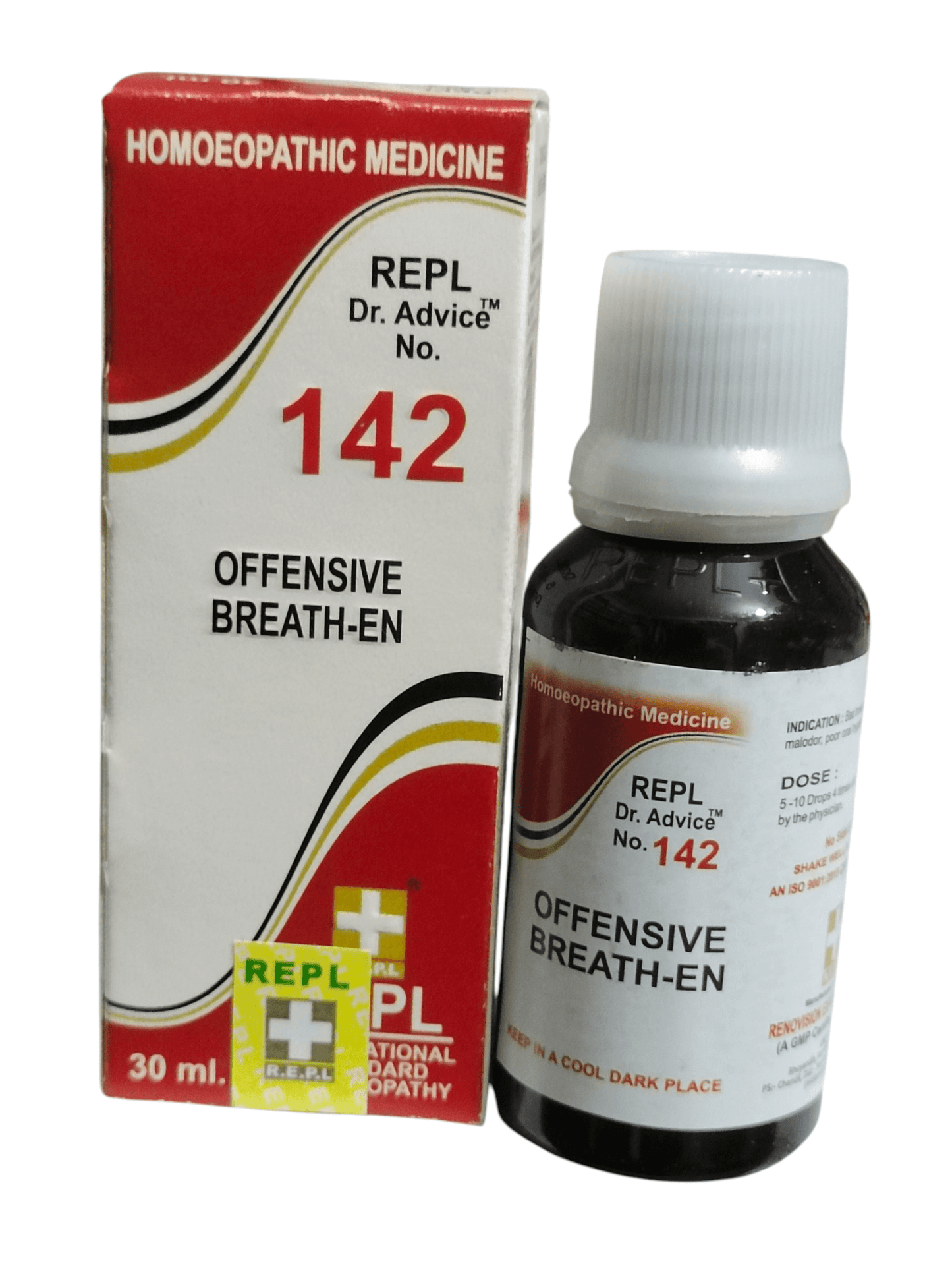 Homoeopathic medicine bottle and packaging with 'REPL Dr. Advice No. 142' on a white background