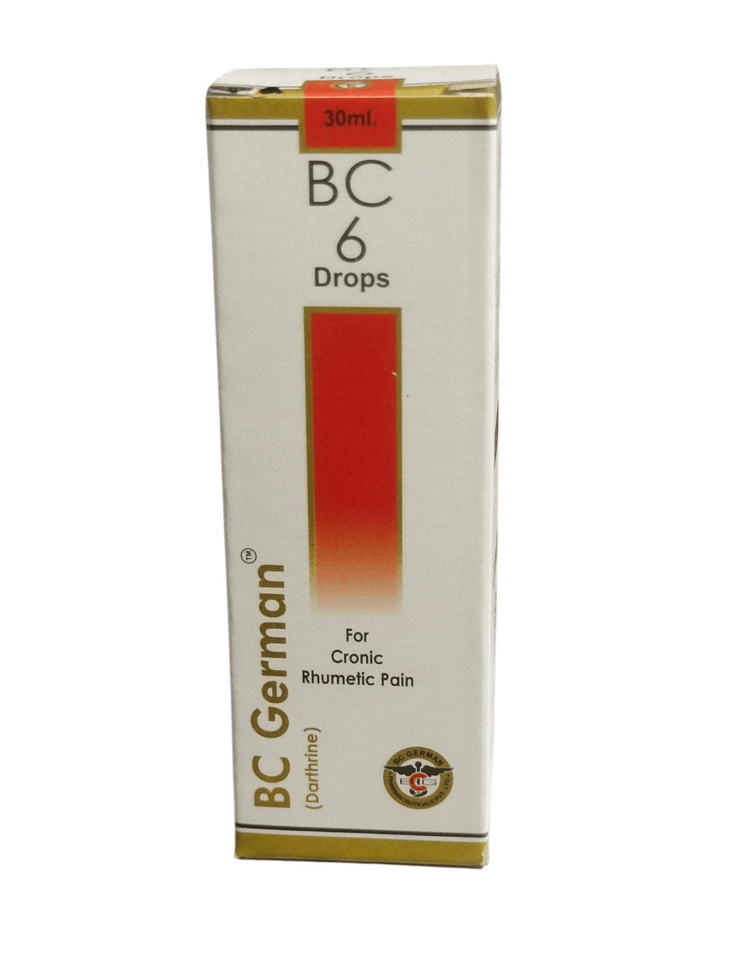 Box of BC German BC 6 Drops for chronic rhumelic pain on a white background