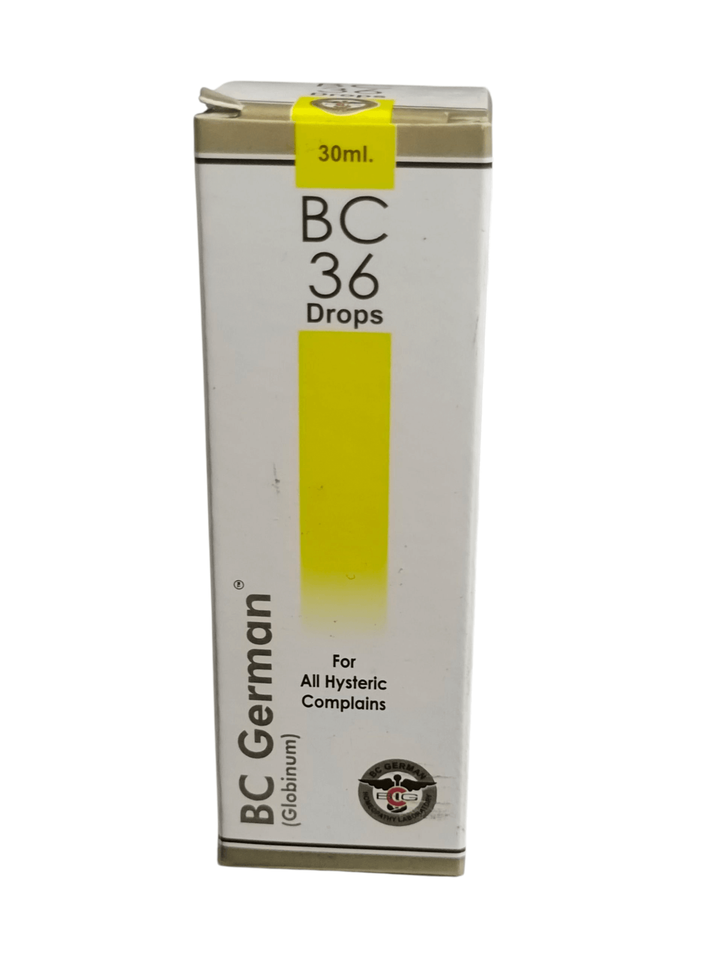 Box of BC 36 Drops with yellow and white design on a white background