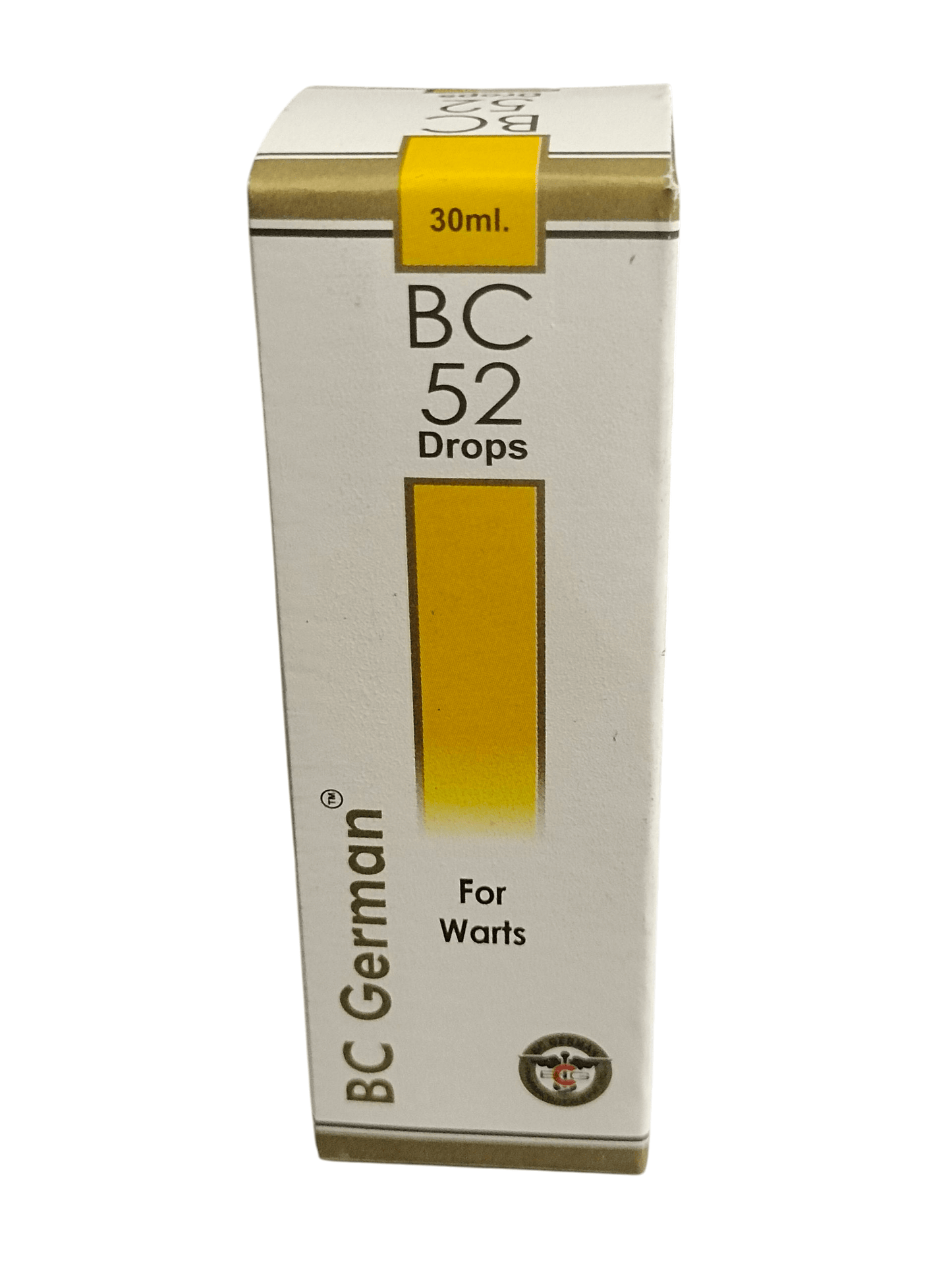 Box of BC German BC 52 Drops for warts on a white background