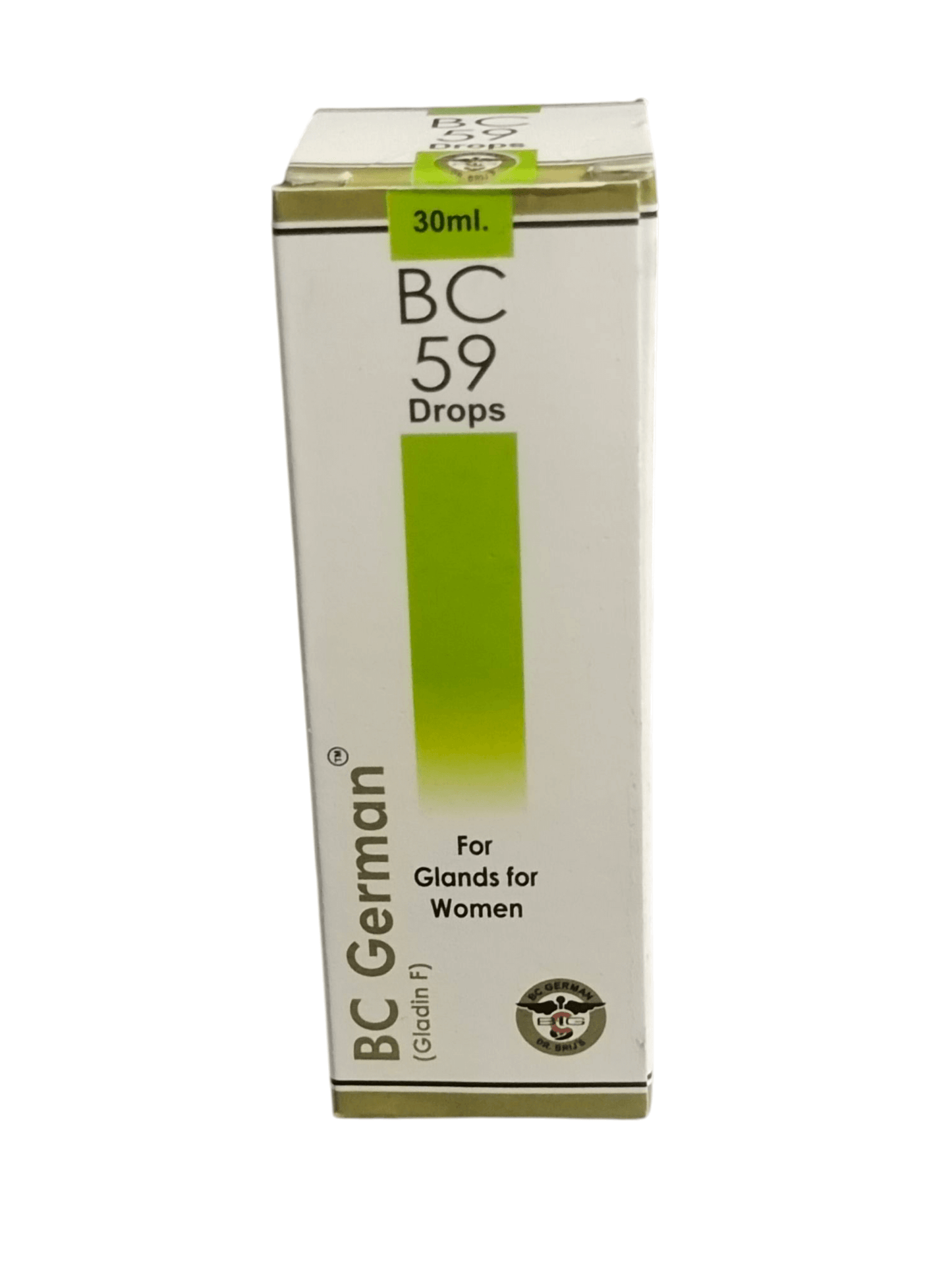 Box of BC 59 Drops for Glands, specifically for women, by BC German on a white background.