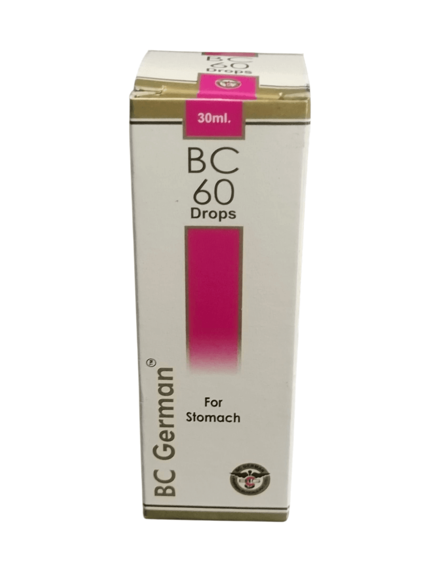 Box of BC 60 Drops for Stomach with pink label on a white background