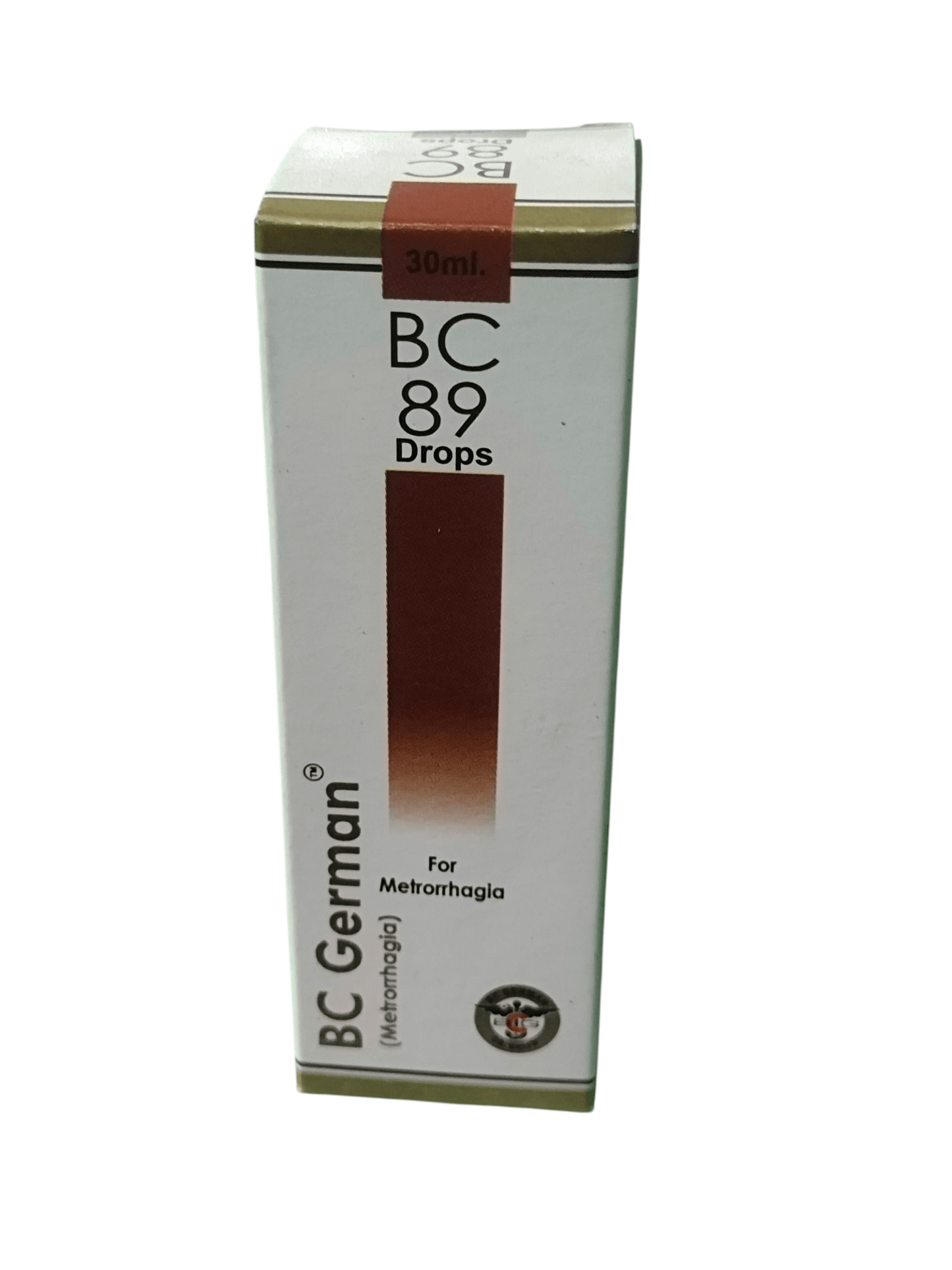 BC GERMAN 89 METRORRHAGIA DROPS HPMEOPATHIC MEDICINE 30ML in packaging, designed for managing abnormal uterine bleeding.