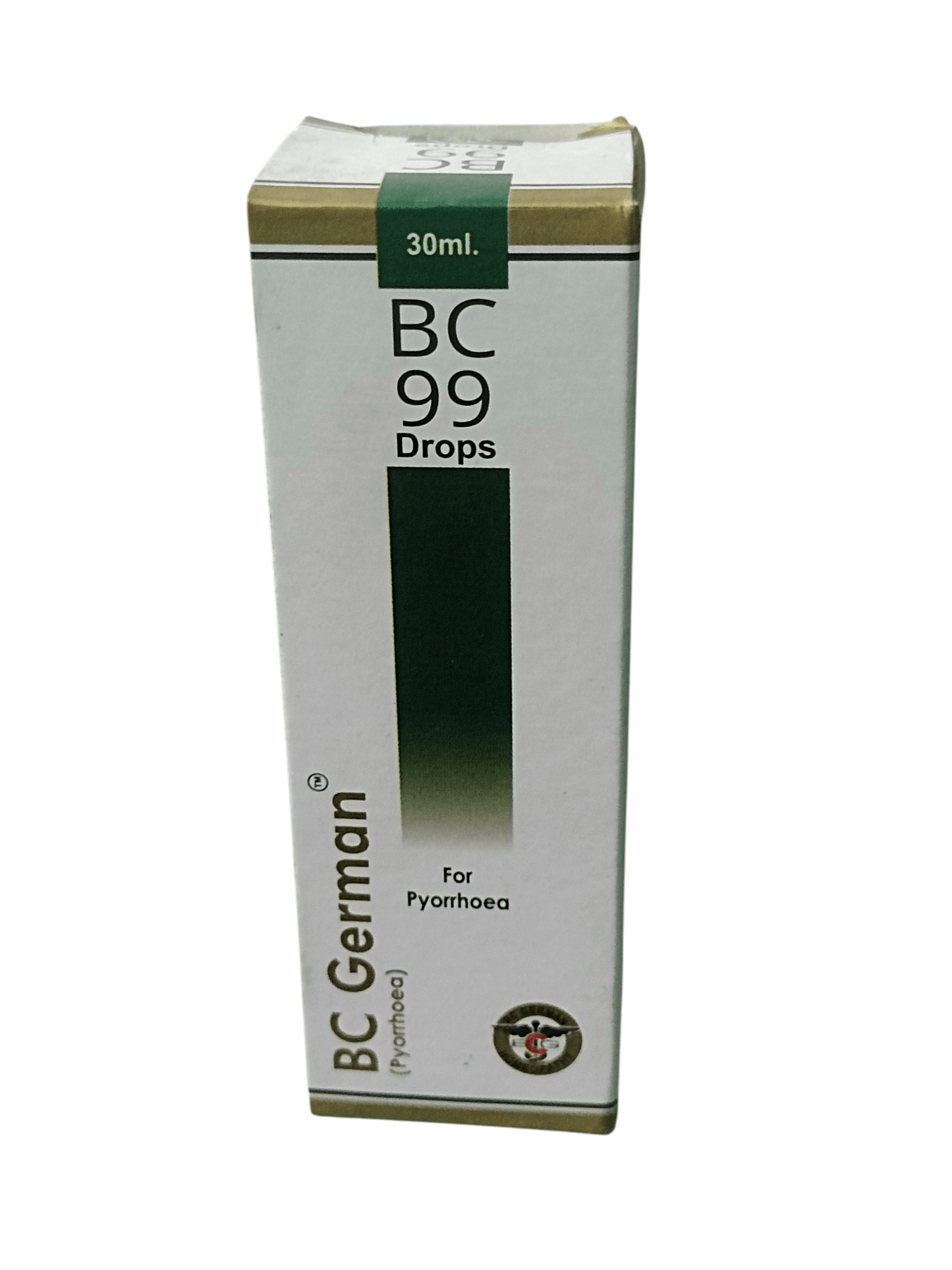 BC GERMAN 99 PYORRHOEA DROPS HOMEOPATHIC MEDICINE 30ML box packaging for gum health.