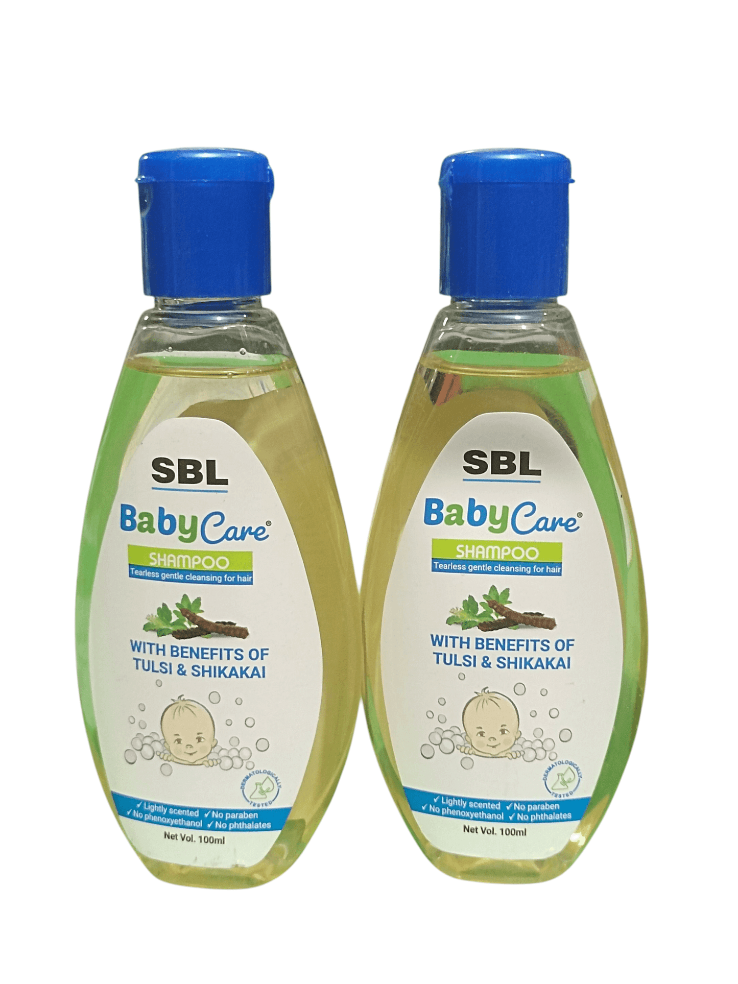 Two bottles of SBL Baby Care Shampoo with blue lids on a white background