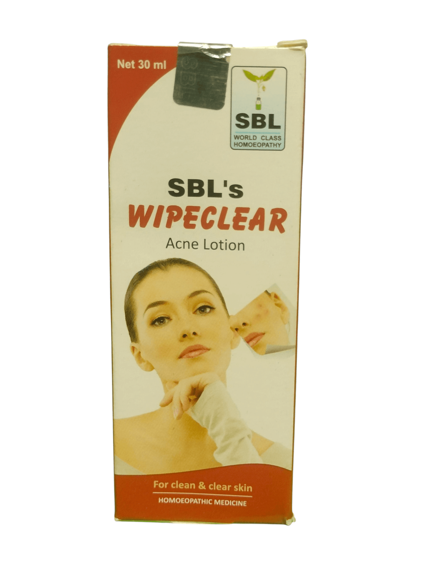SBL WIPECLEAR ACNE LOTION HOMEOPATHIC MEDICINE 30ML packaging for acne treatment and clear skin.
