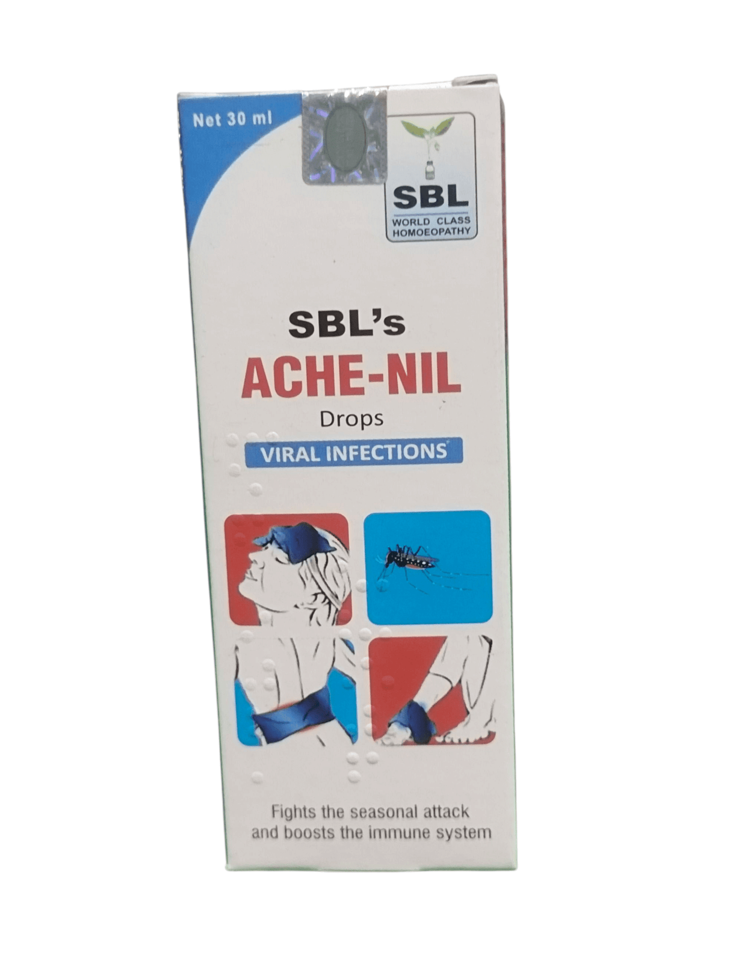 SBL ACHE-NIL DROPS FOR VIRAL IONFECTION HOMEOPATHIC MEDICINE 30ML packaging featuring health benefits against viral infections.