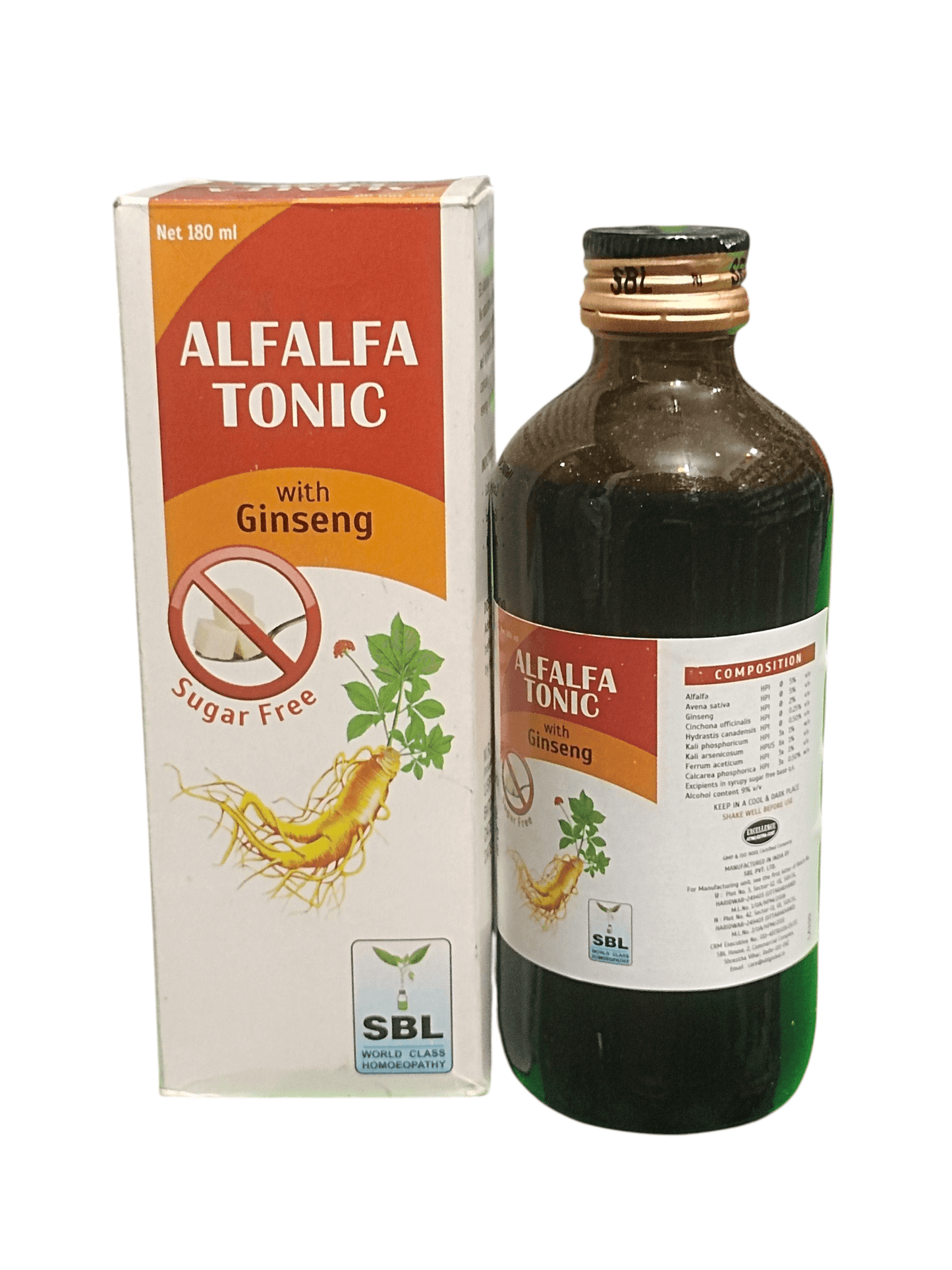 SBL ALFALFA TONIC WITH GINSENG HOMEOPATHIC MEDICINE 500ML in a bottle and box, health supplement.