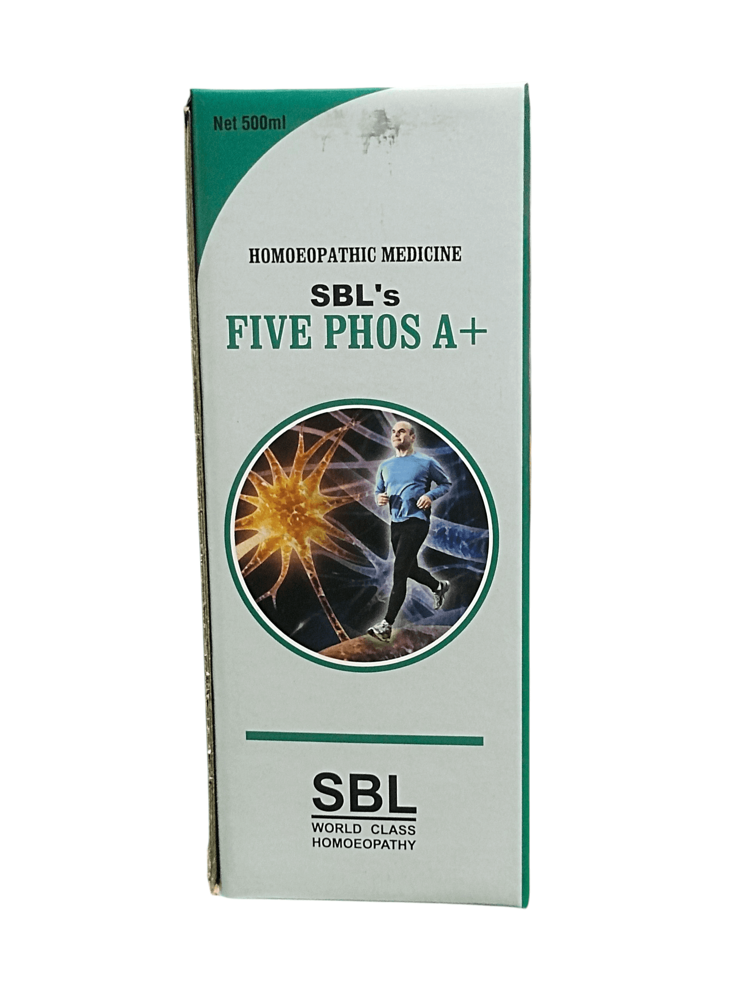 SBL FIVE PHOS A+ SYRUP HOMEOPATHIC MEDICINE 500ML box illustration with health and vitality theme.