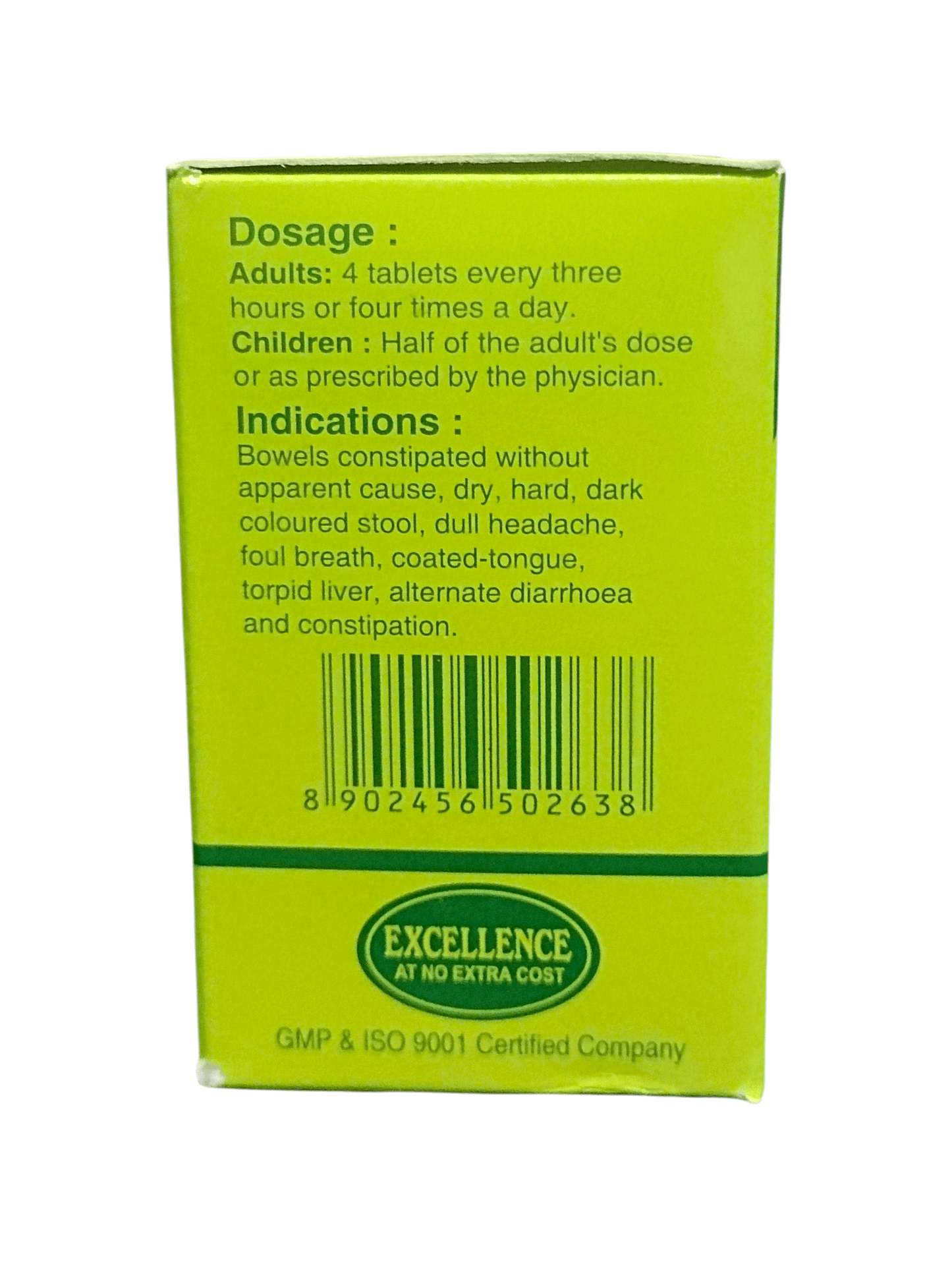 Green medication box with dosage and indication information on a white background