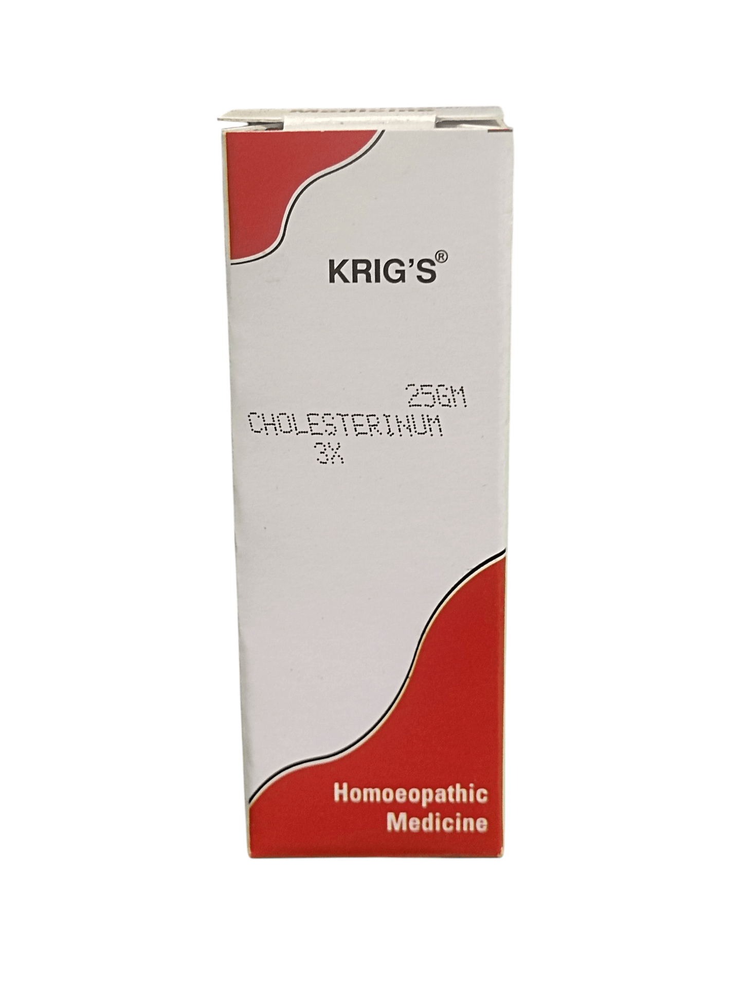 KRIG'S CHOLESTERINUM 3X TABLETS HOMEOPATHIC MEDICINE 25GM packaging for cholesterol and liver health.
