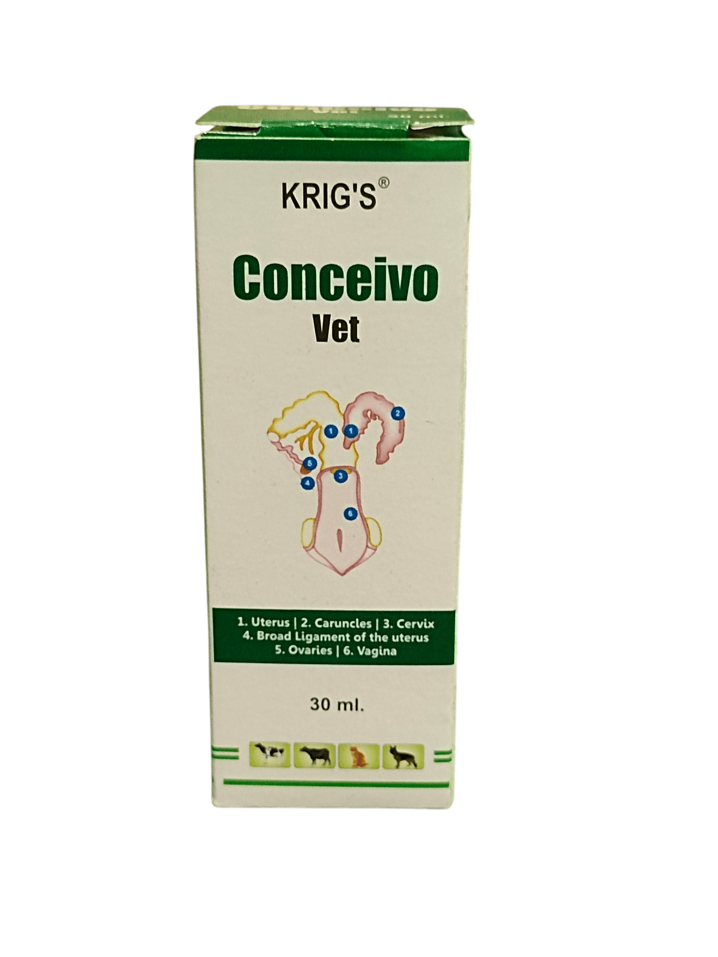 KRIG'S CONCEIVO VET HOMEOPATHIC MEICINE 30ML packaging for fertility support in female animals.