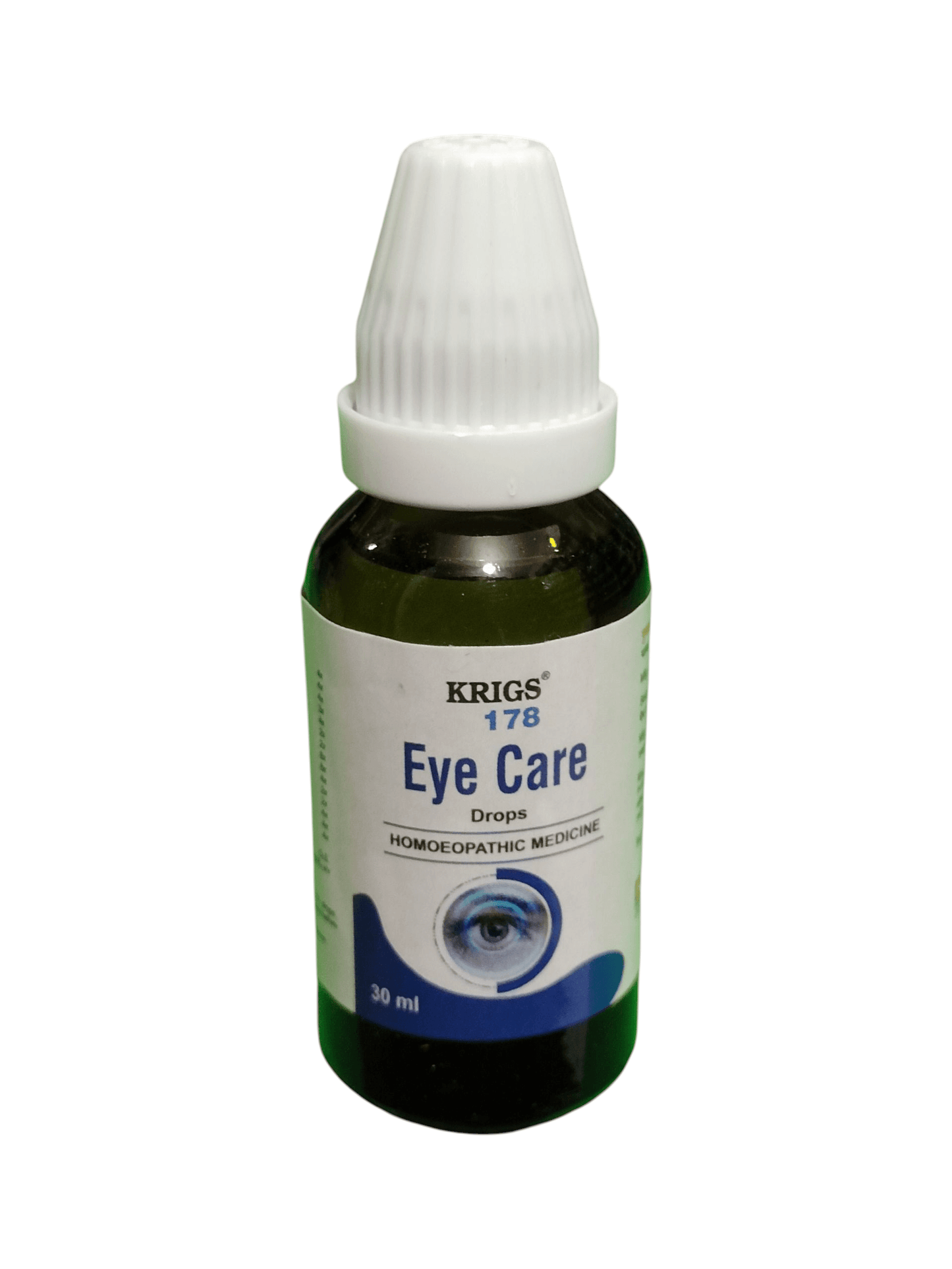 Bottle of Krigs 178 Eye Care drops on a white background