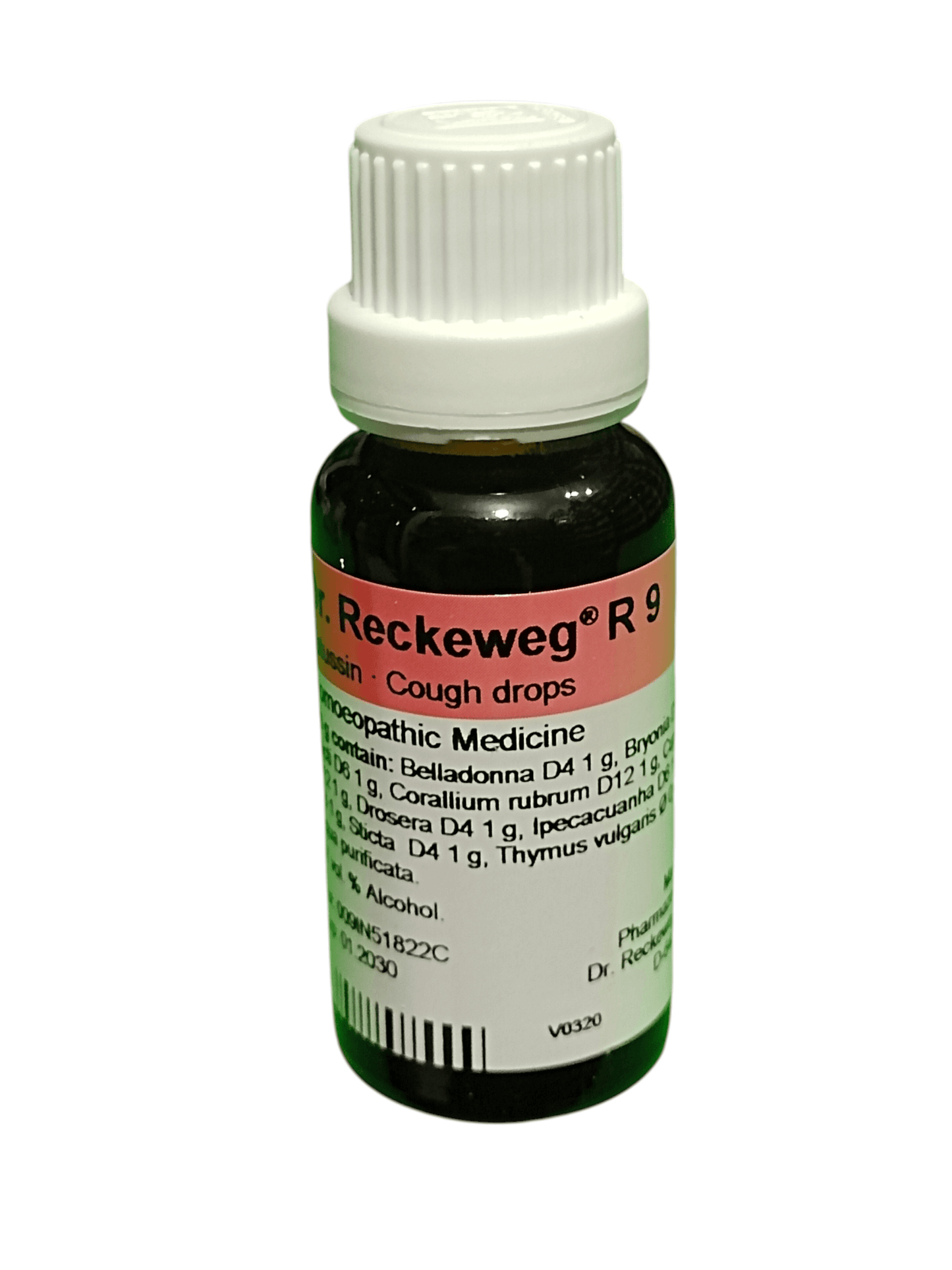 Reckeweg R9 cough drops bottle on a white background