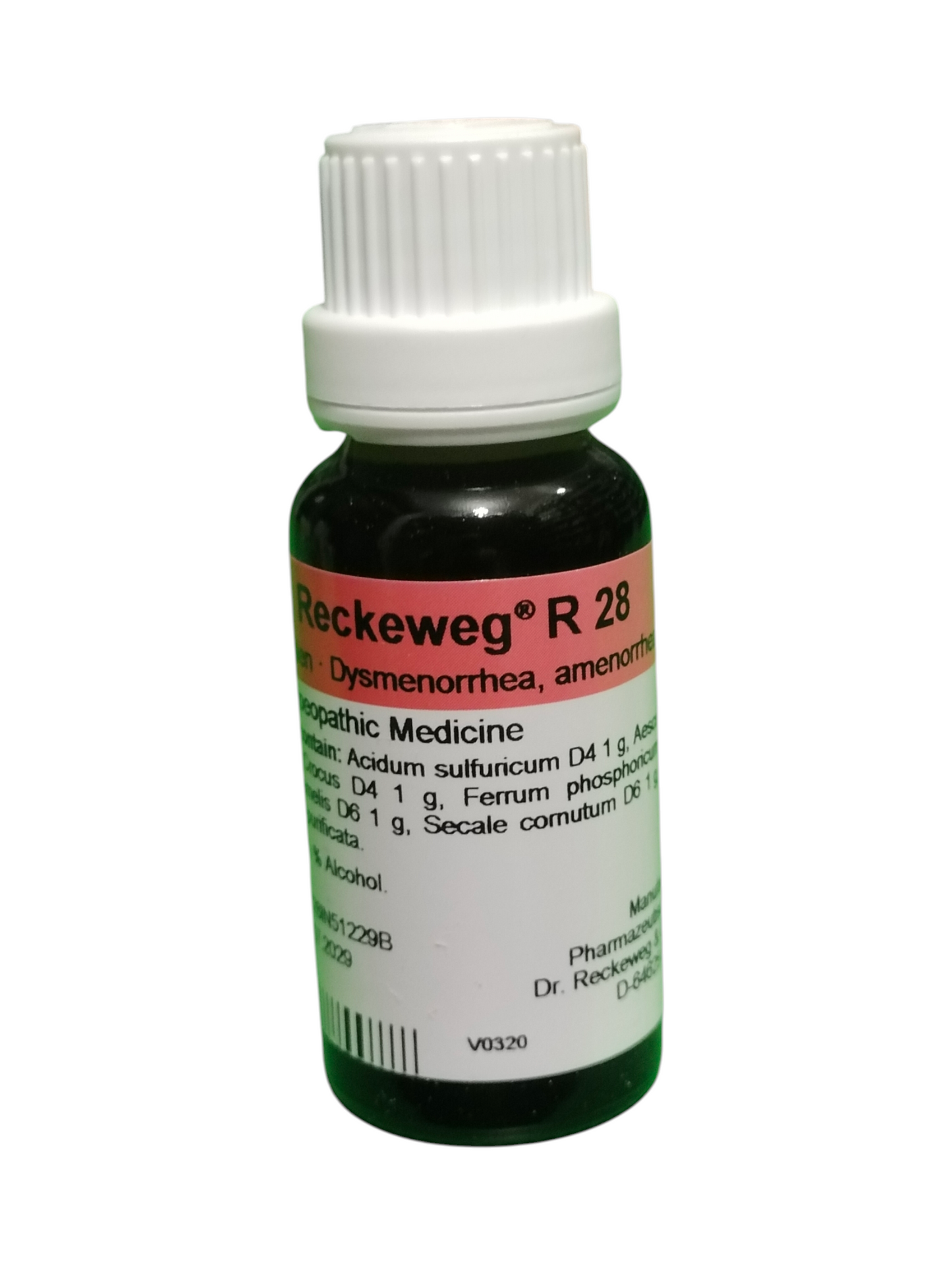 Bottle of Reckeweg R 28 homeopathic medicine for menstrual pain, irregular periods, delayed menstruation, and women’s hormonal balance.