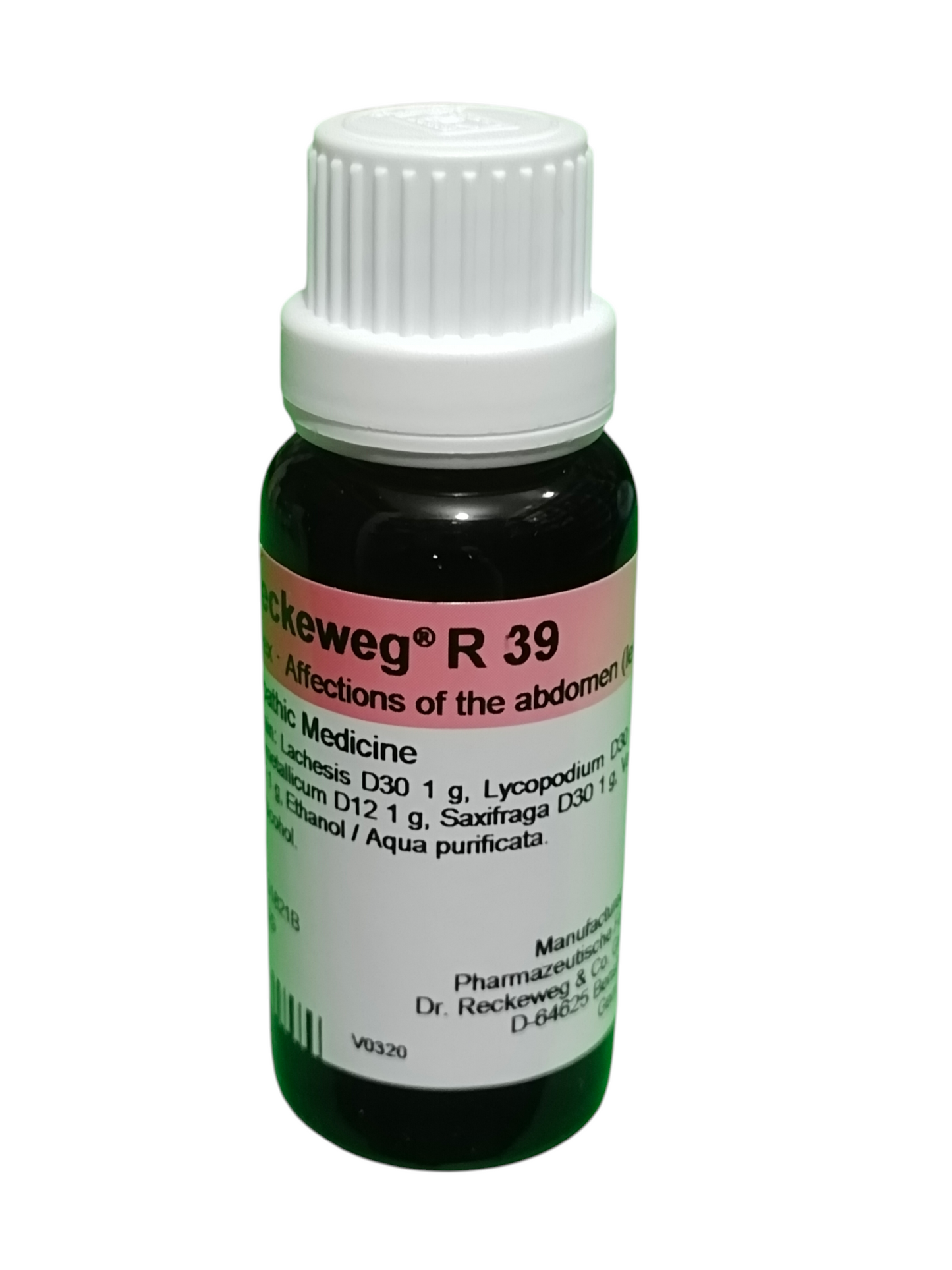 Bottle of R 39 medicine with a white cap on a white background