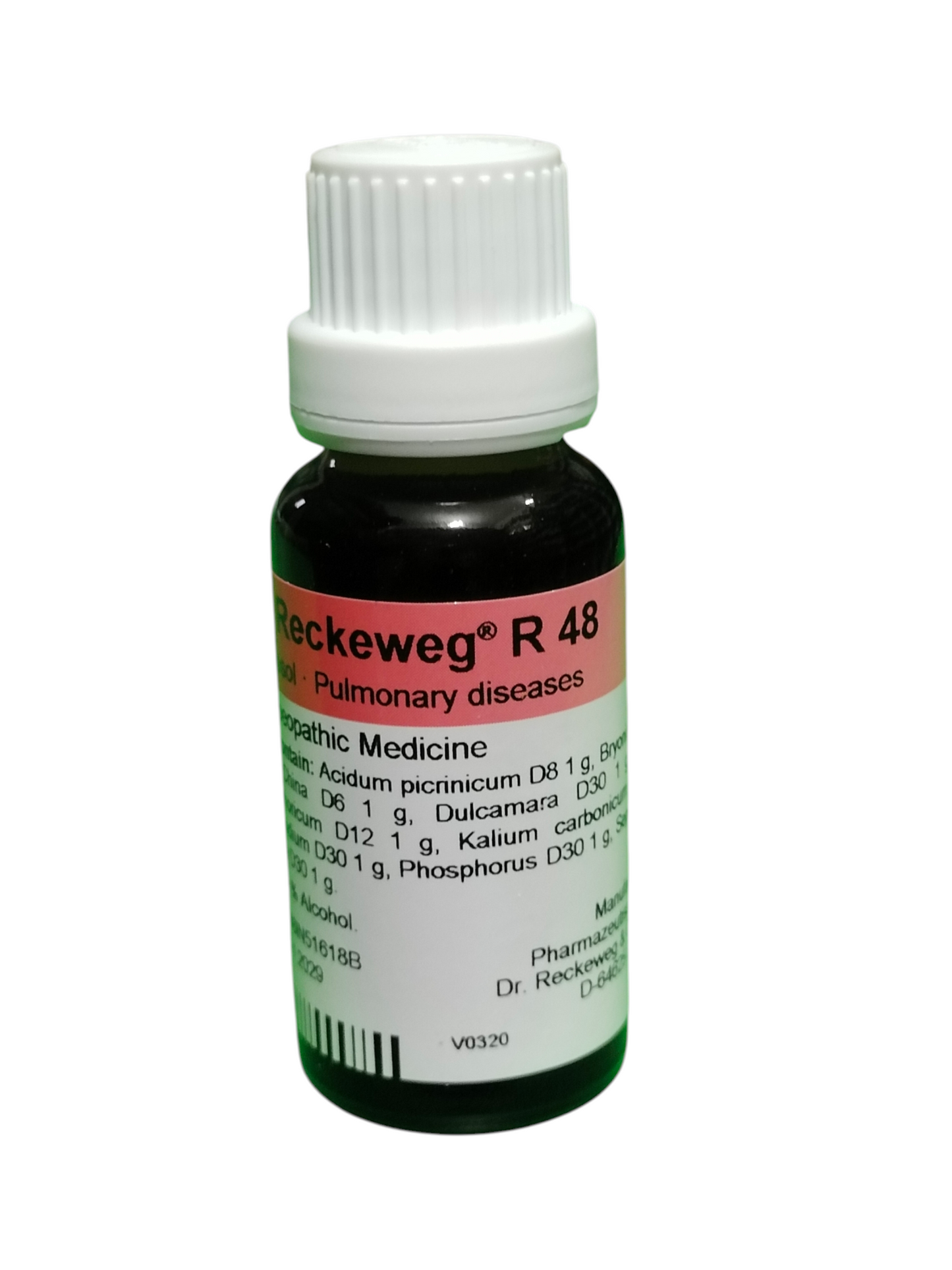 Bottle of Reckeweg R 48 homeopathic medicine for pulmonary diseases on a white background