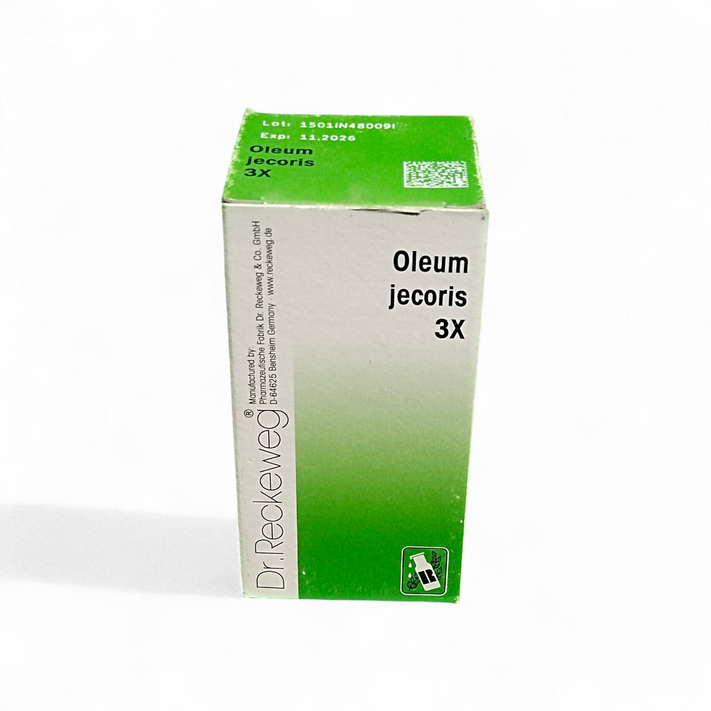 Box of Oleum jecoris 3X by Dr. Reckeweg on a white background