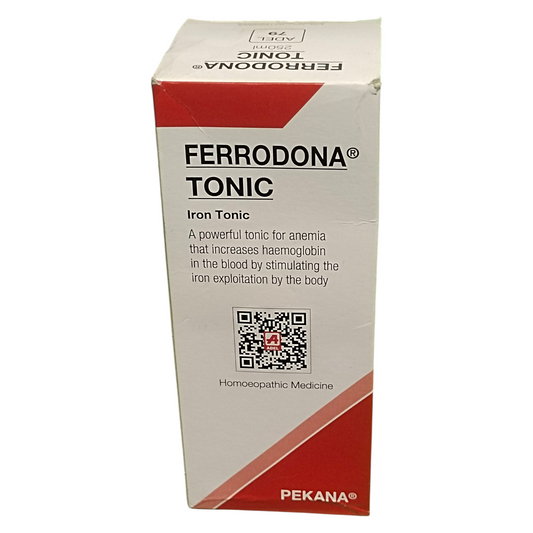 Ferrodona Tonic packaging with red and white design on a white background