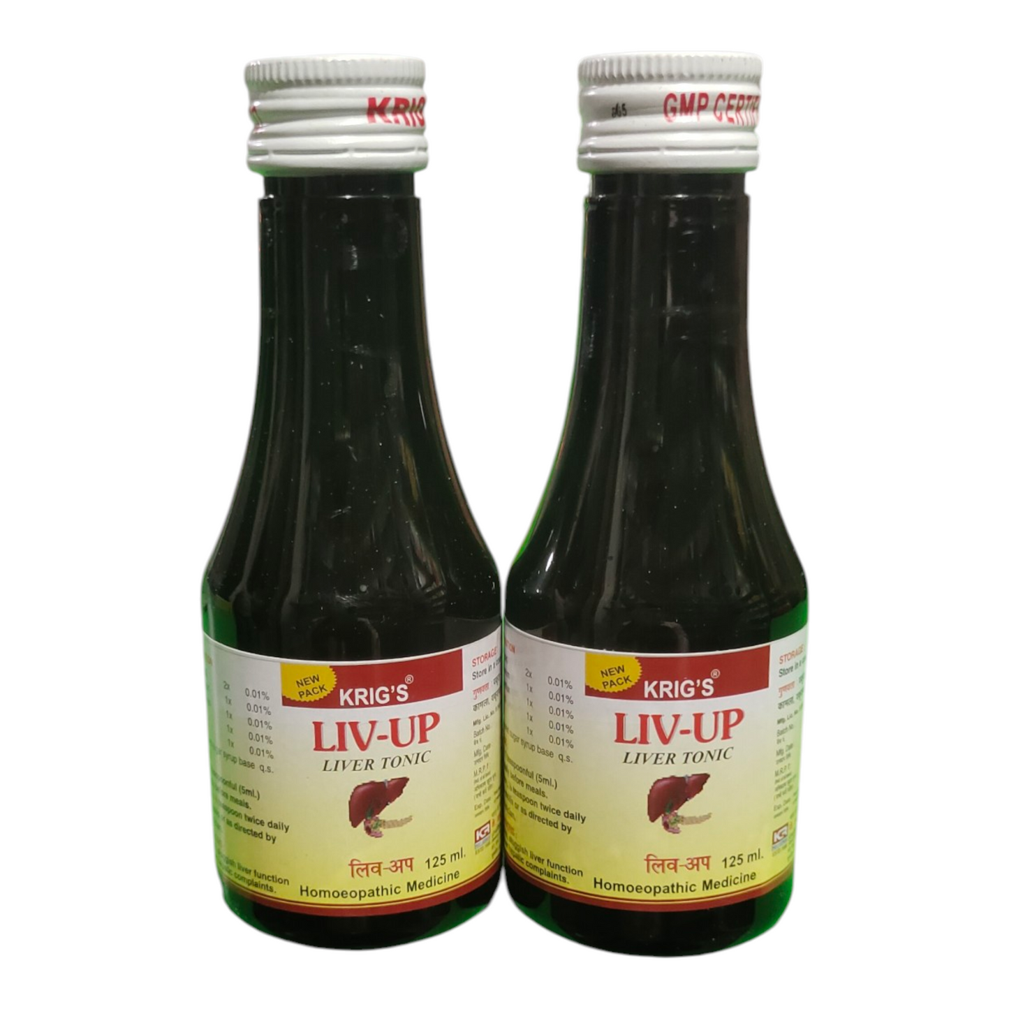 Two bottles of Krig's Liv-Up Liver Tonic on a white background