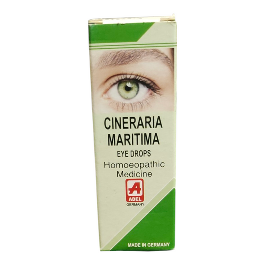Cineraria Maritima eye drops packaging with a brand logo on a white background
