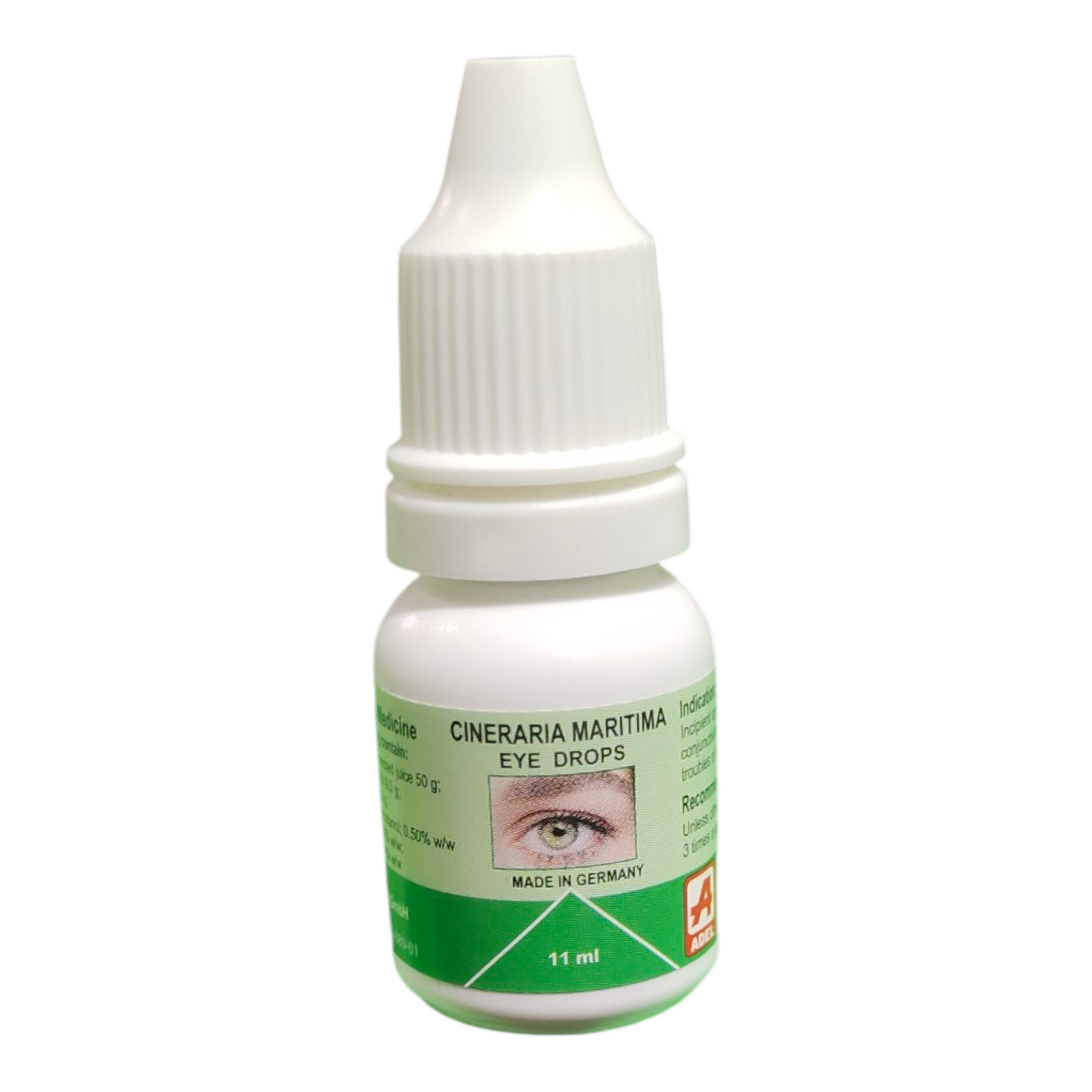 Bottle of Cineraria Maritima eye drops on a white background