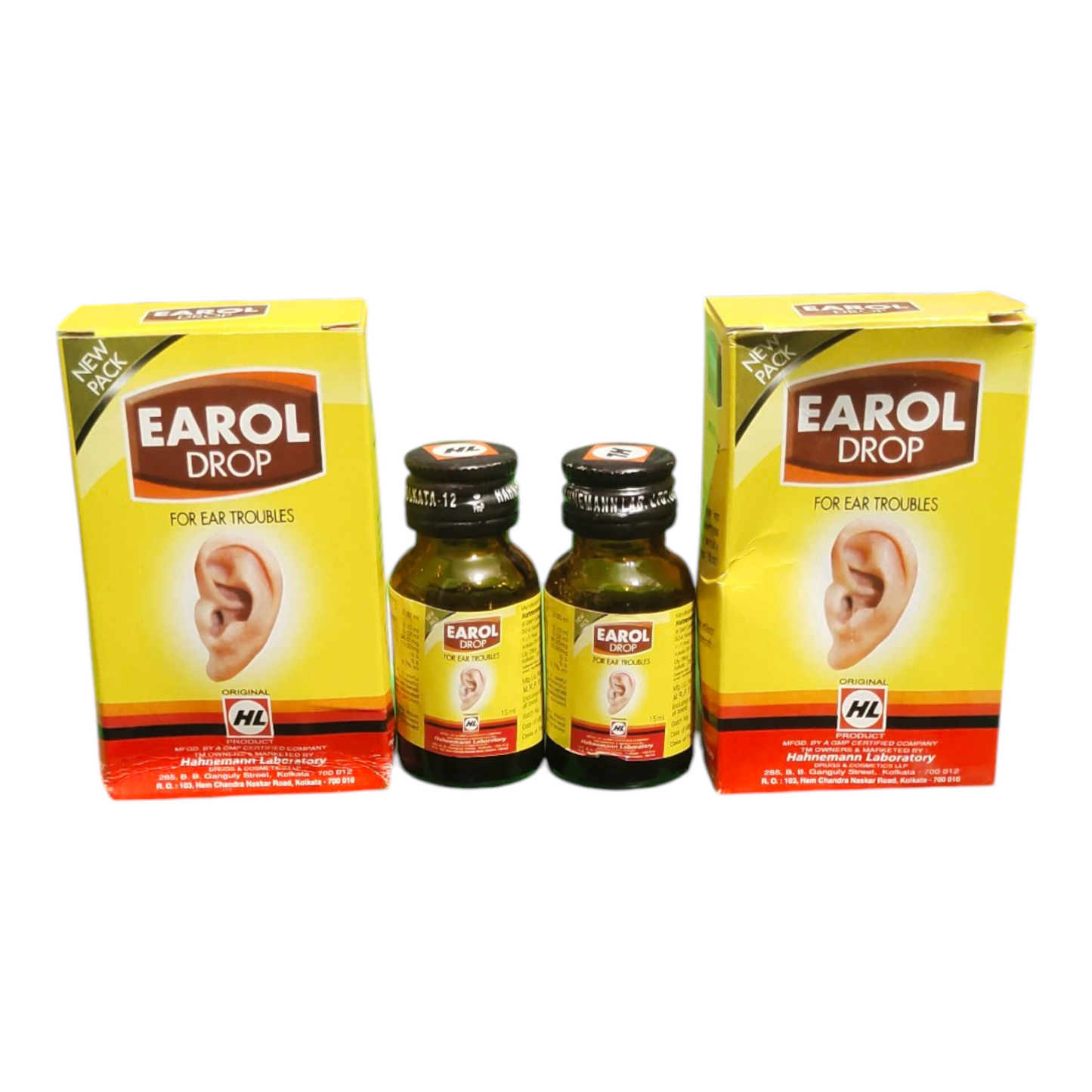 Earol Drop packaging for ear troubles with two bottles on a white background