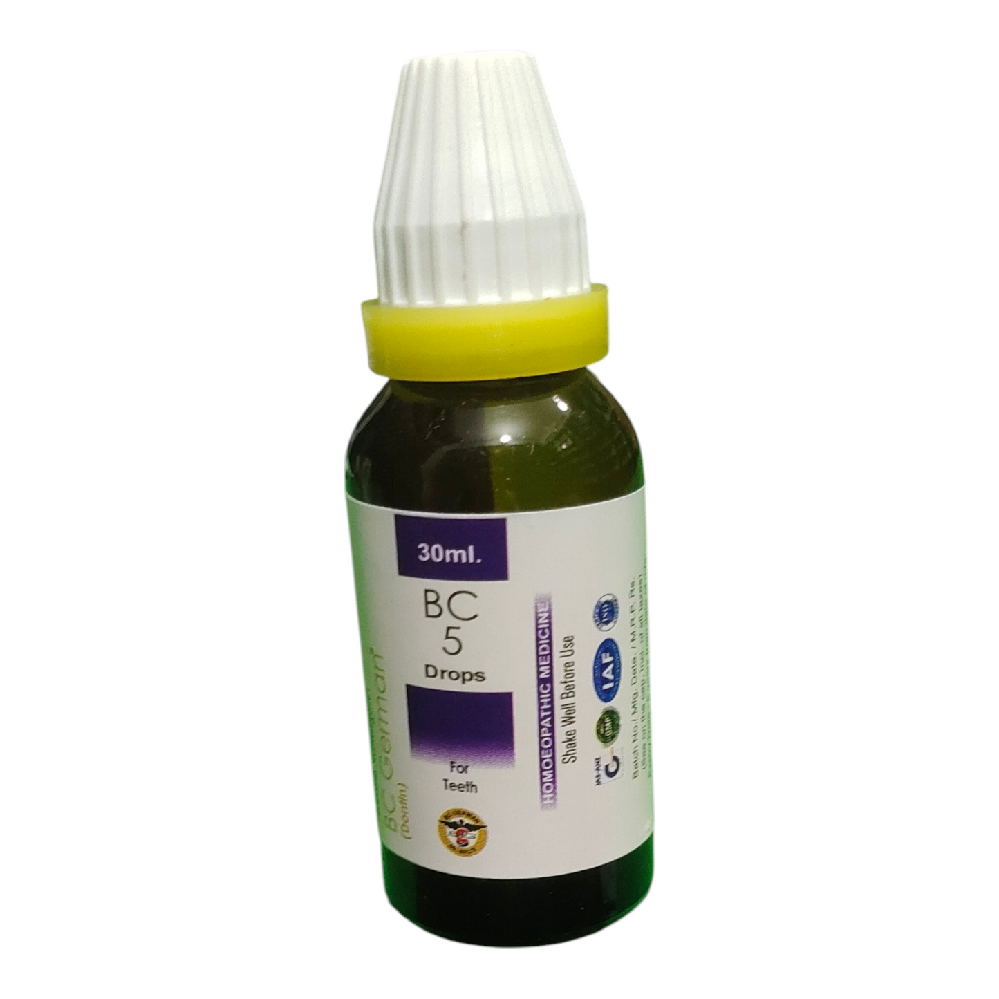 Bottle of BC 5 Drops with a dropper on a white background