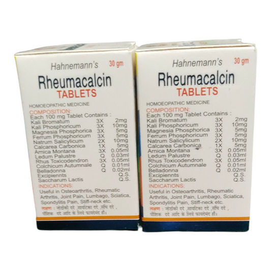 Two boxes of Hahnemann's Rheumacalcin Tablets on a white background