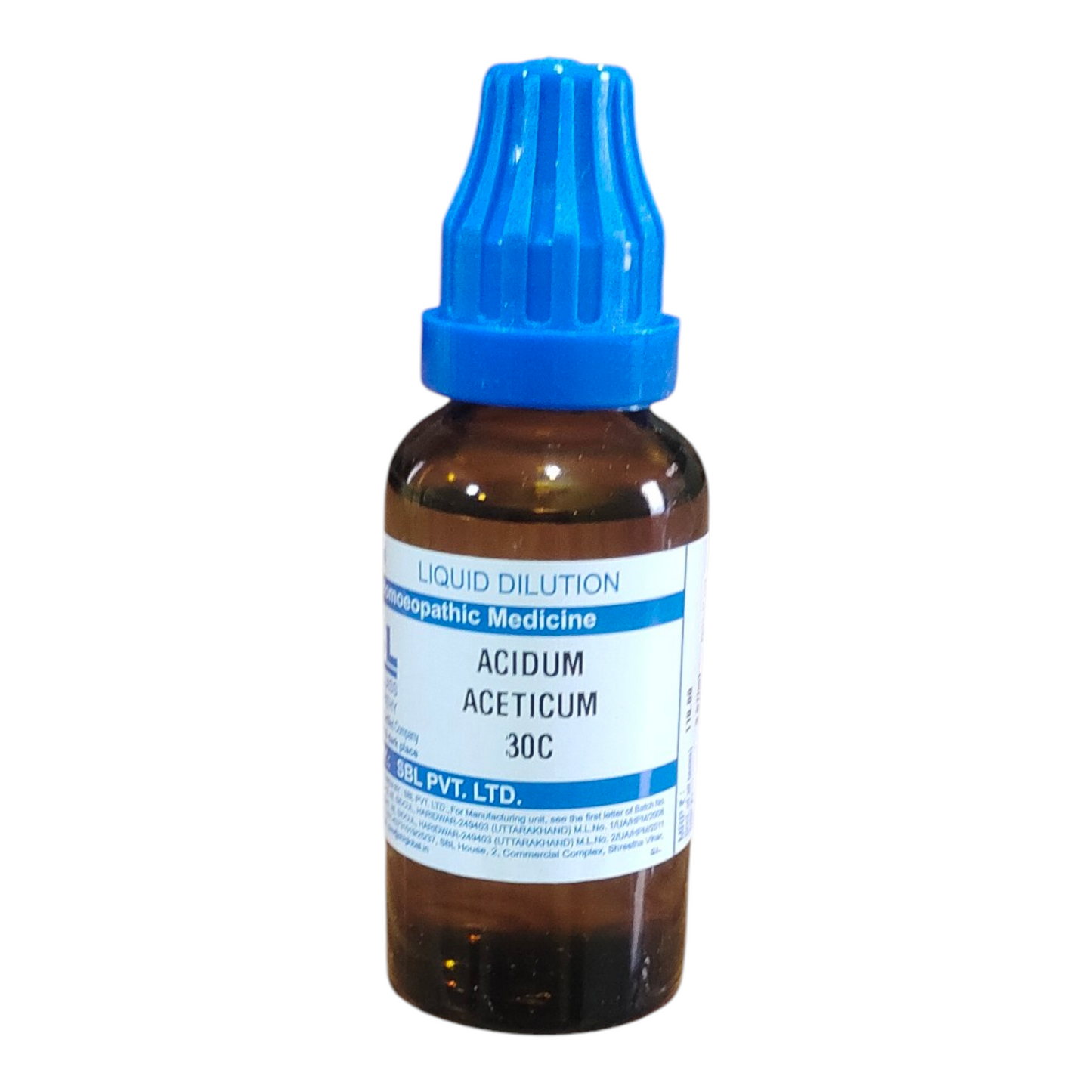 Bottle of Acidum Aceticum 30C homeopathic medicine with a blue cap on a white background