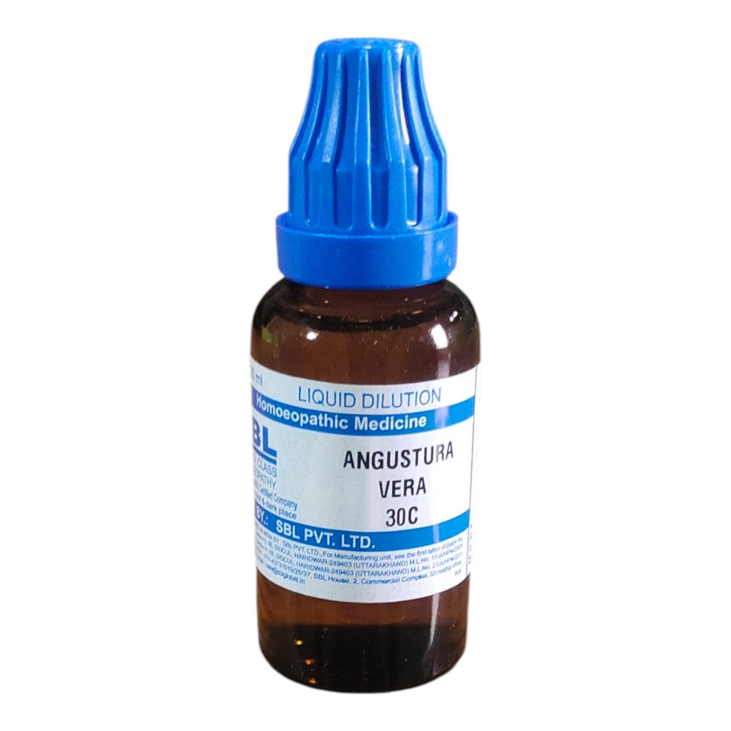 Bottle of Angustura Vera 30C with blue cap on a white background