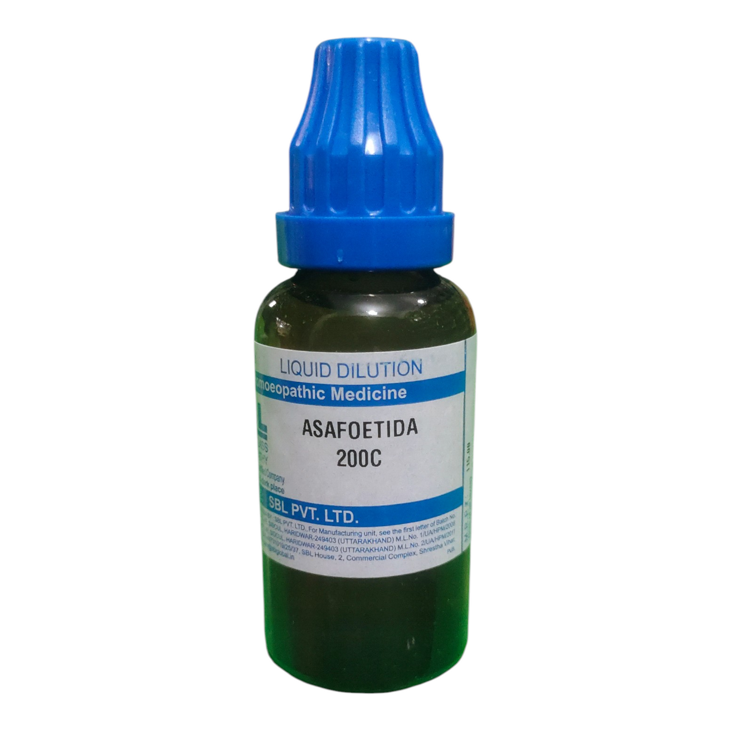 Bottle of Asafoetida liquid dilution with blue cap on a white background