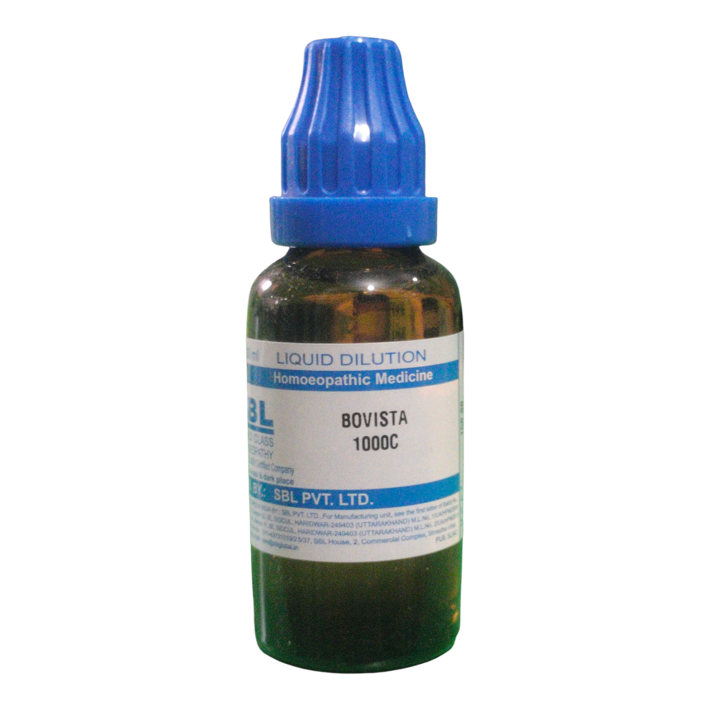 Bottle of Bovista 1000C liquid dilution with blue cap on a white background