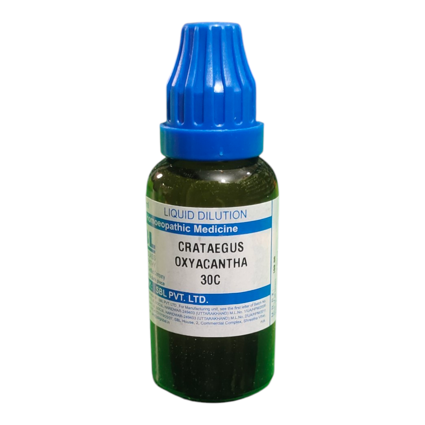 Bottle of Crataegus Oxyacantha 30C liquid dilution on a white background