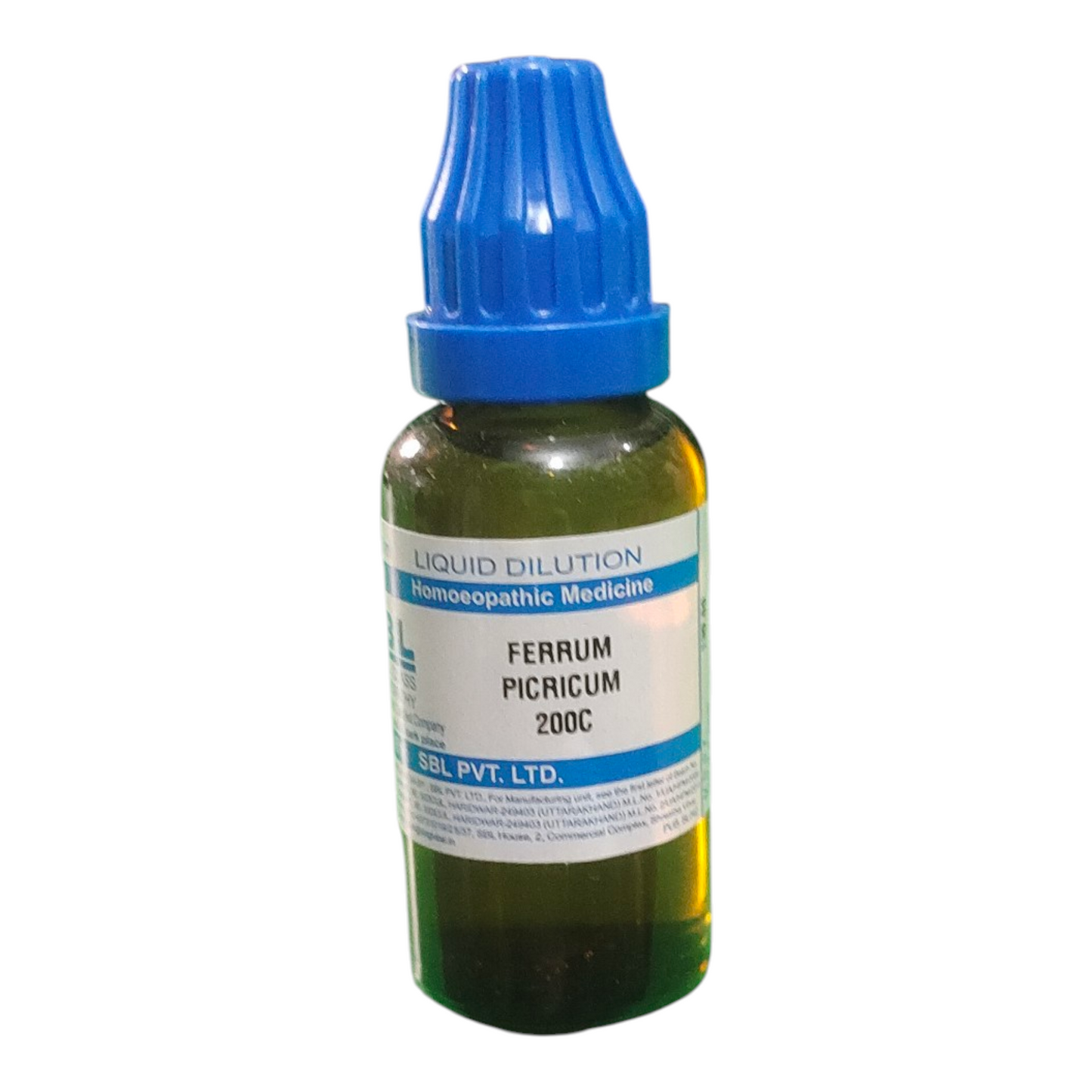 Bottle of Ferrum Picricum 200C homeopathic medicine with a blue cap on a white background