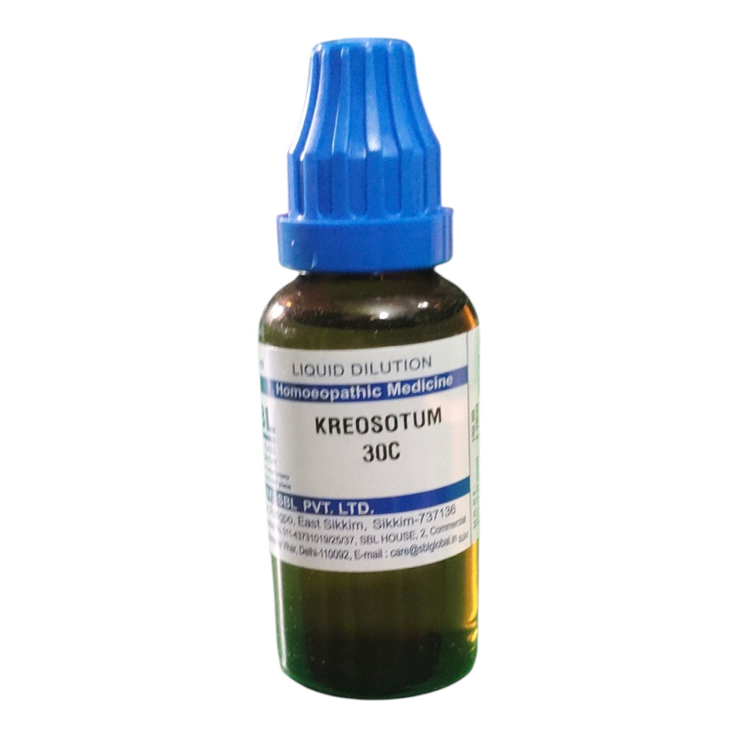 Bottle of KREOSOTUM 30C liquid dilution with a blue cap on a white background