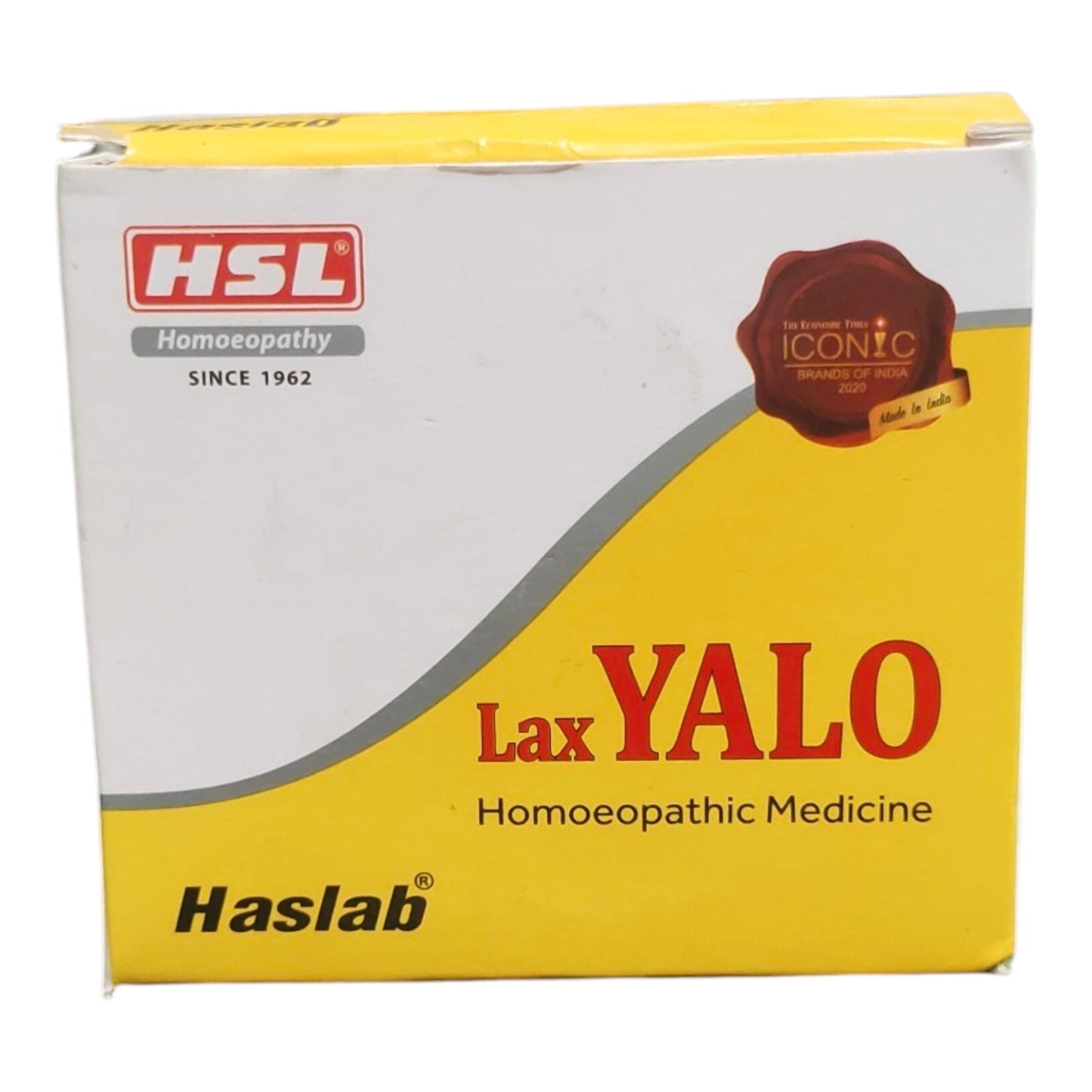 Haslab HSL Lax Yalo homeopathic medicine box, featuring a yellow and white design with red and black text.