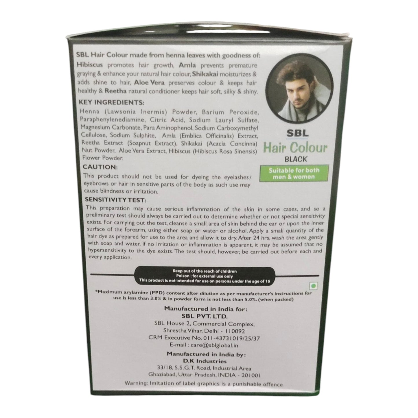 The back of a SBL Hair Colour Black hair dye box, showing the ingredients, precautions, and manufacturer details on a white background.