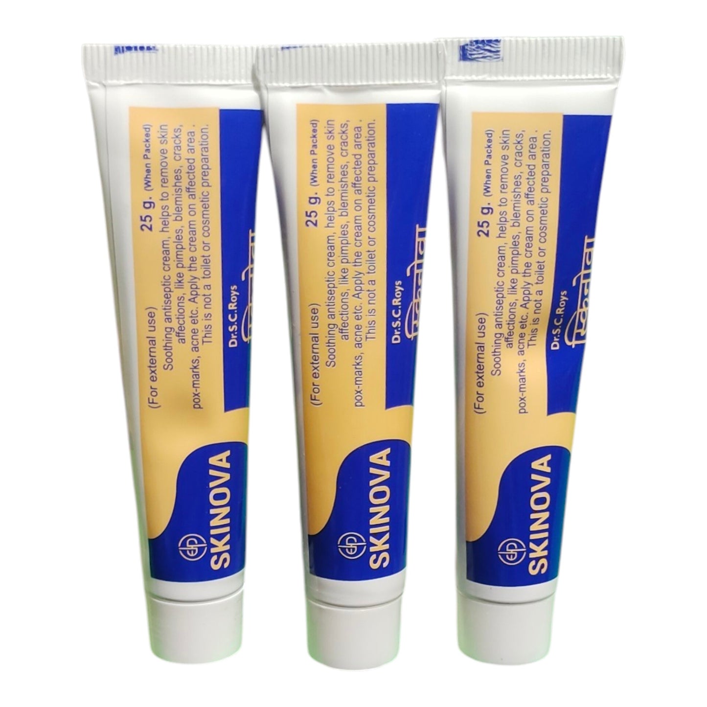 Three tubes of SKINOVA skin cream arranged side by side on a plain white background.
