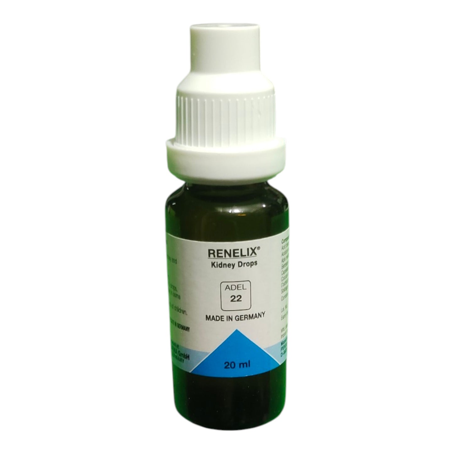 A 20 ml bottle of RENELIX Kidney Drops (ADEL 22) with a white plastic cap and a white label featuring blue and green accents, set against a plain white background.