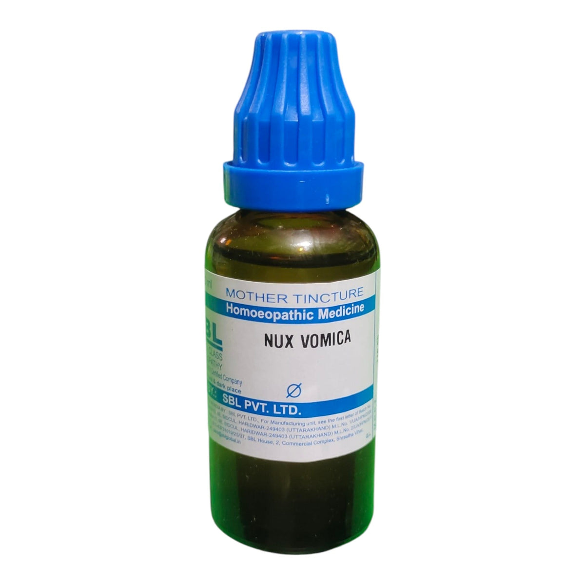A bottle of Nux Vomica Mother Tincture homeopathic medicine by SBL Pvt. Ltd.