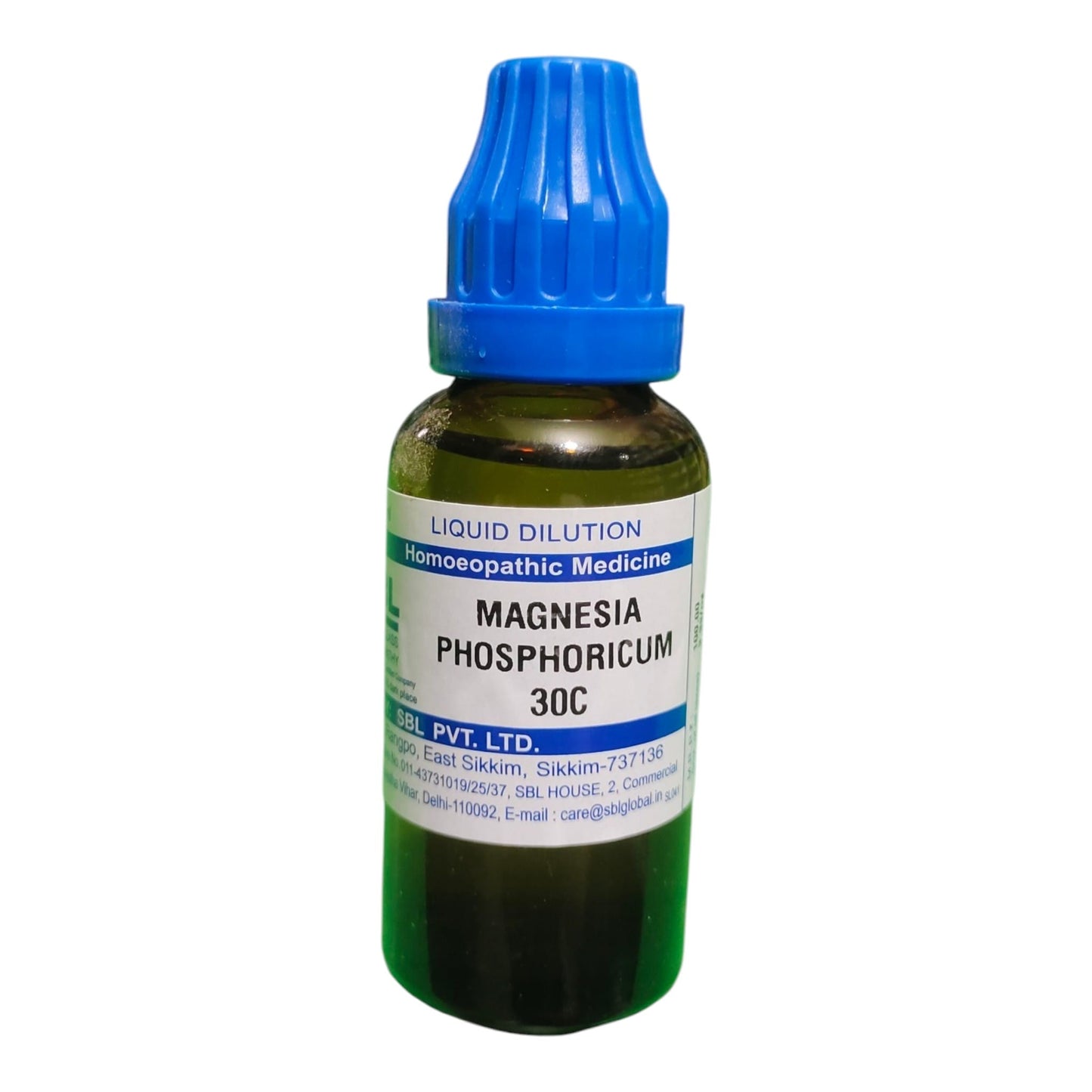 A bottle of Magnesia Phosphoricum 30C liquid dilution homeopathic medicine by SBL Pvt. Ltd.