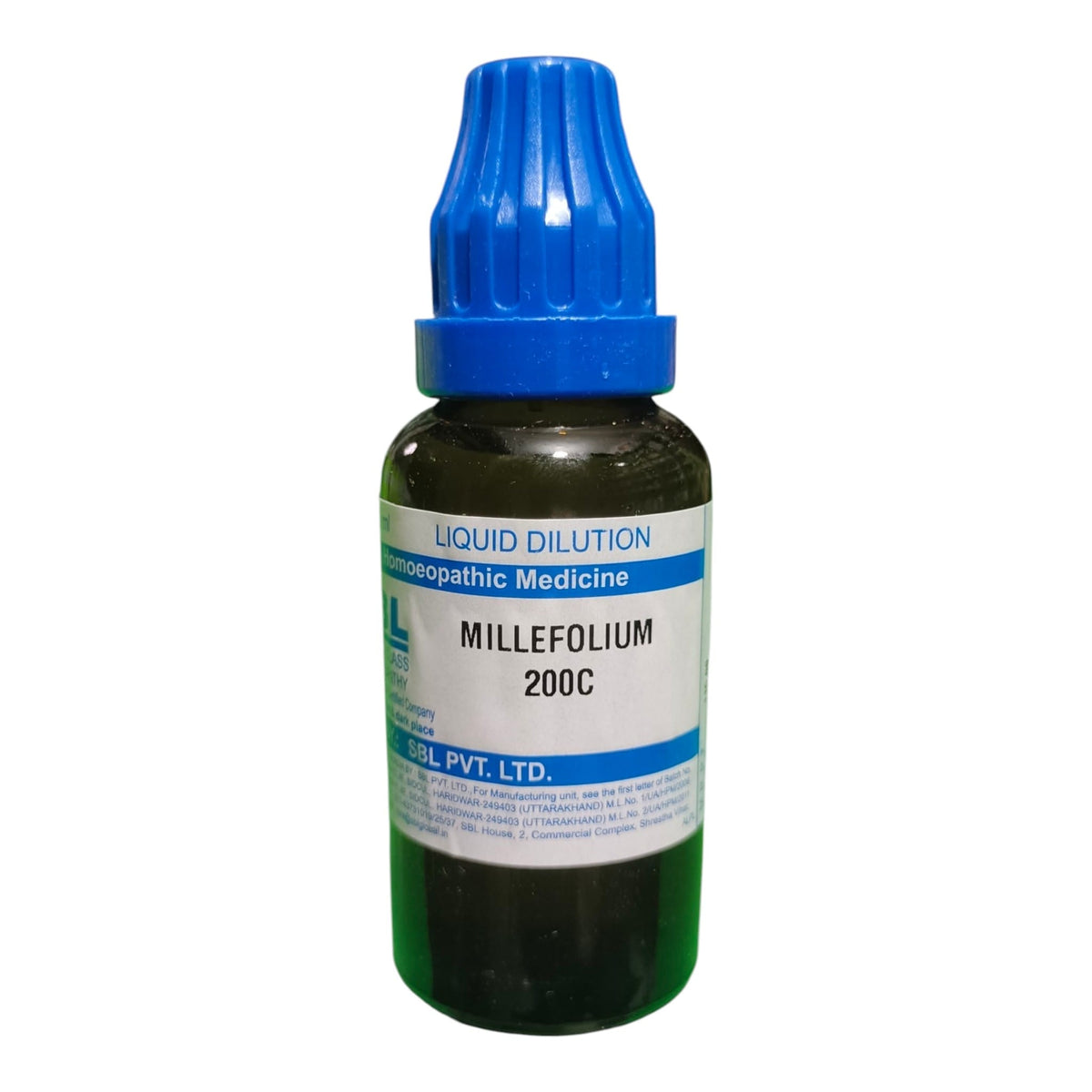 A small dark glass bottle of HSPVopathic Medicine liquid dilution labeled 'MILLEFOLIUM 200C' with a blue ribbed cap, on a plain white background.