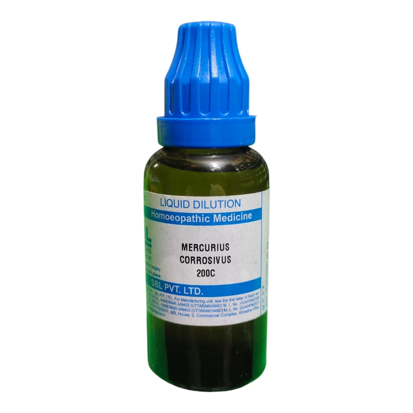 A bottle of Liquid Dilution Homeopathic Medicine, Mercurius Corrosivus 200C, featuring a dark green glass bottle, white label, and a bright blue plastic dropper cap, shown on a plain white background.